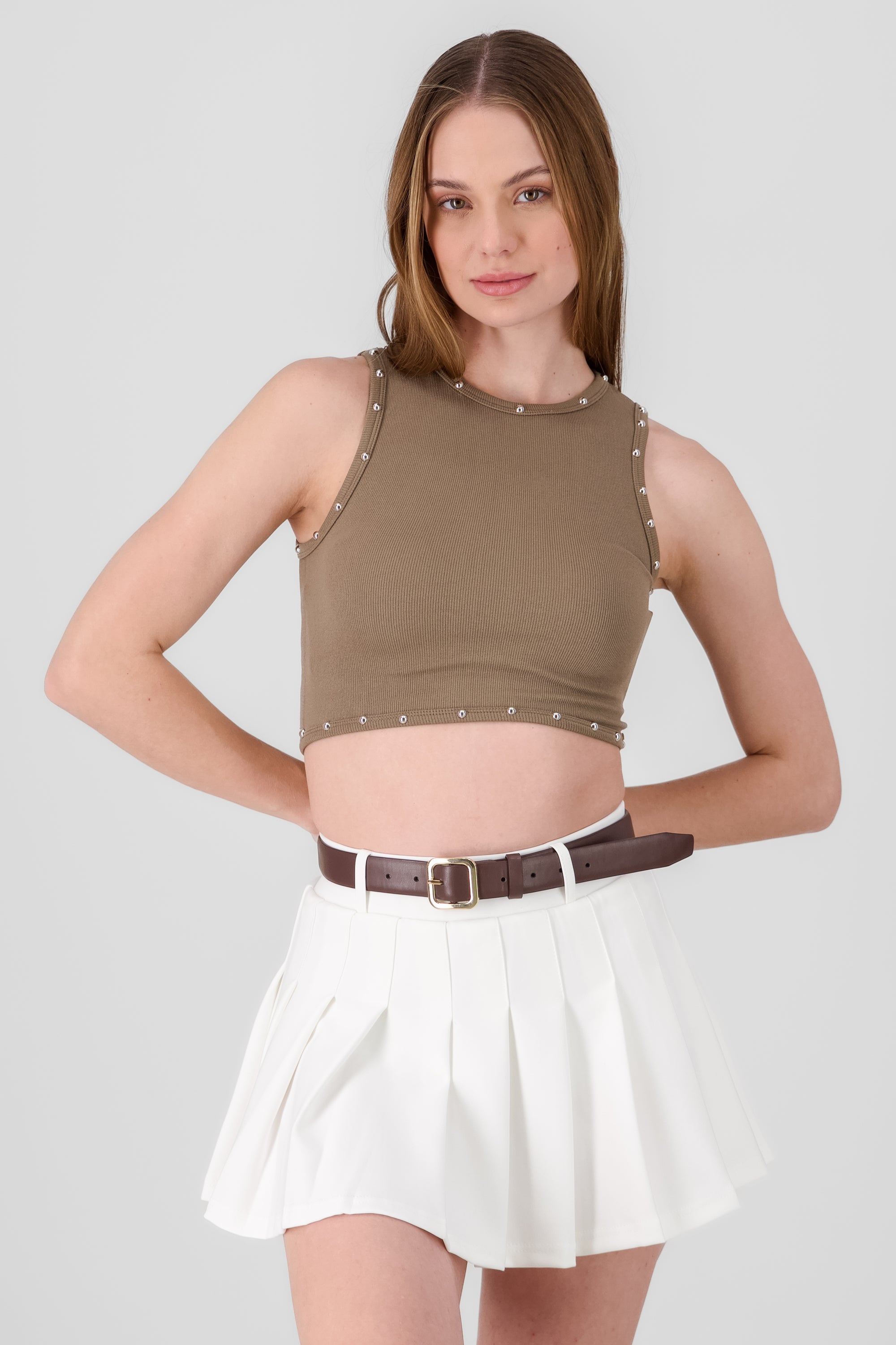 Sleeveless Crop Top with Stud Detail KHAKI