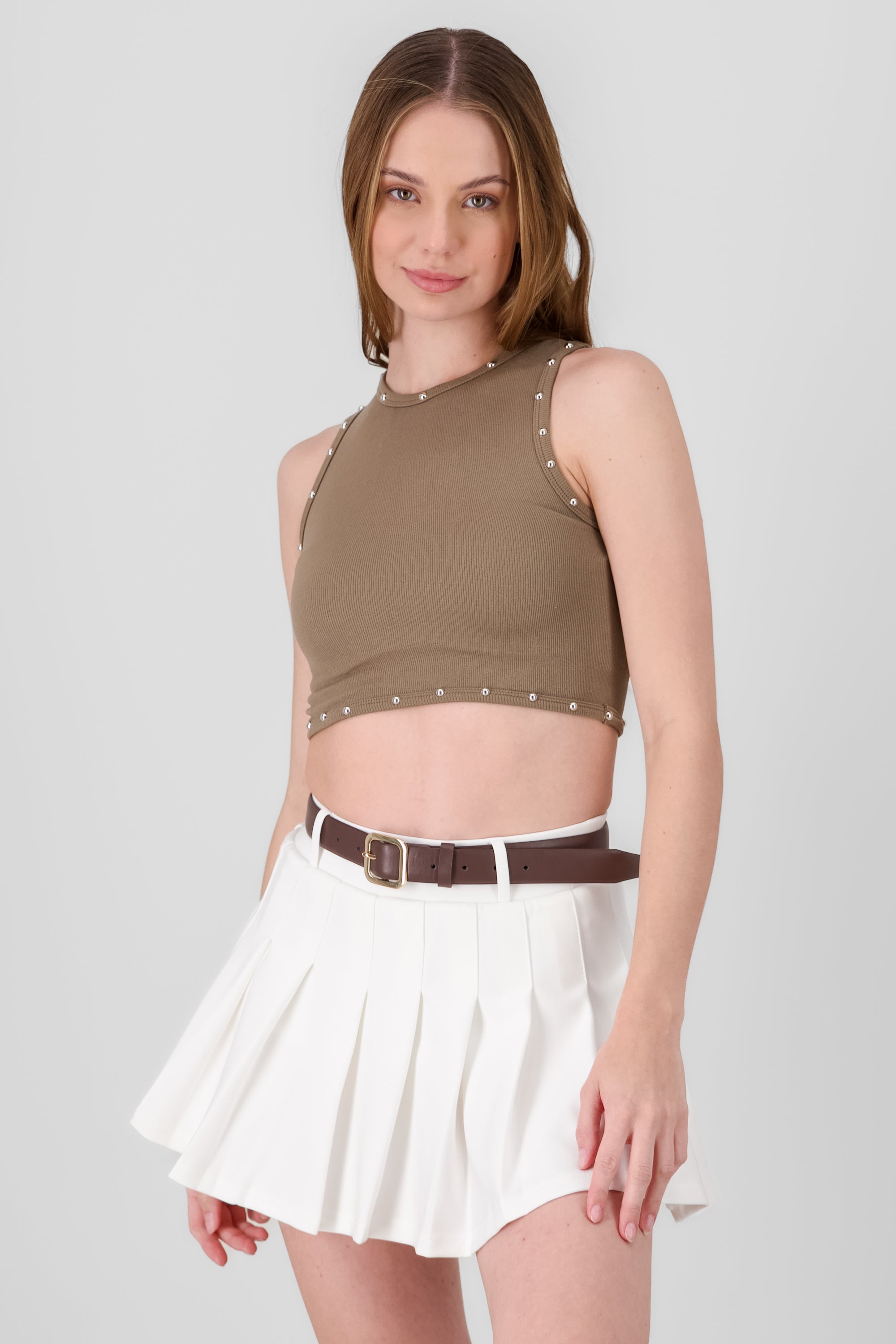 Sleeveless Crop Top with Stud Detail KHAKI