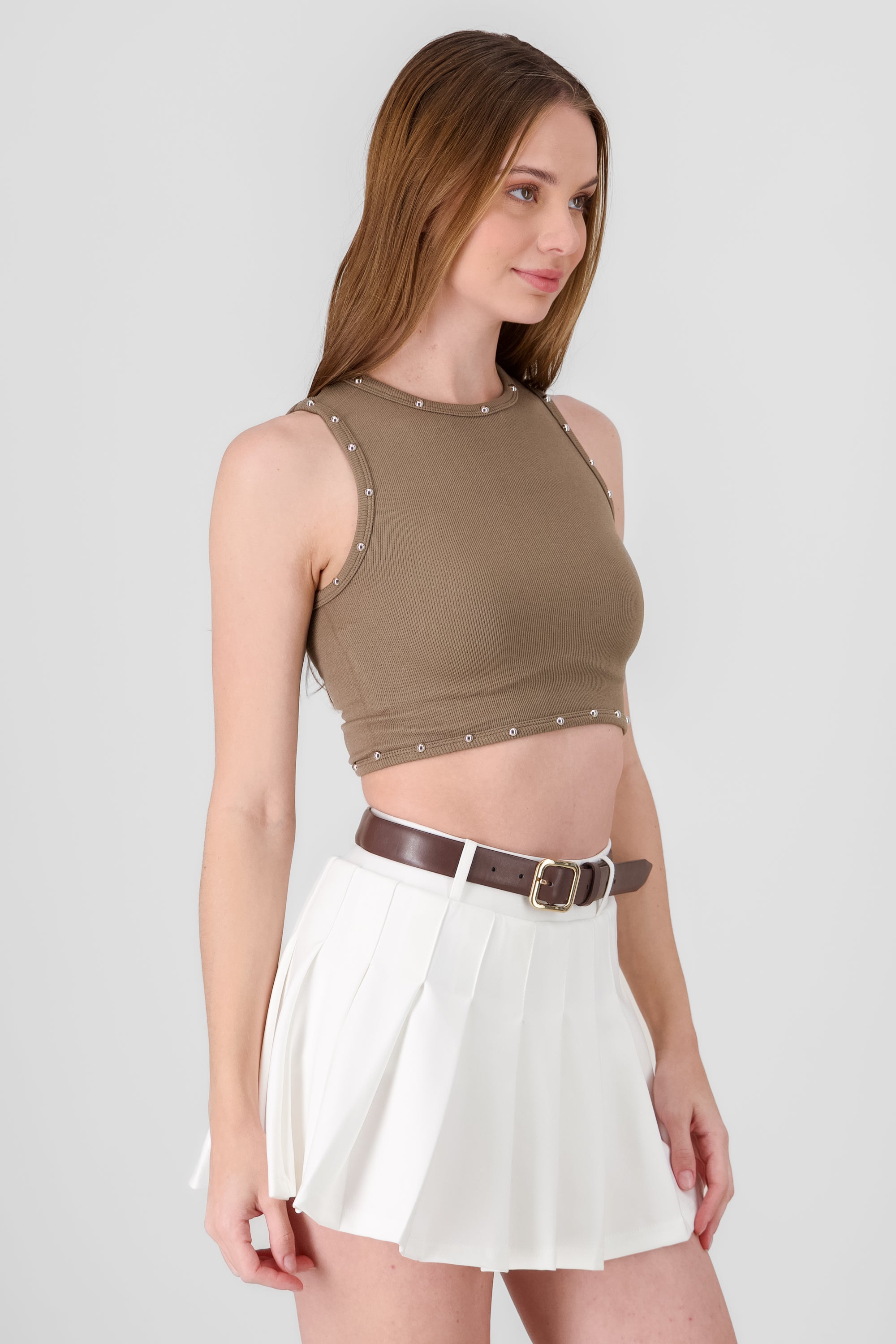 Sleeveless Crop Top with Stud Detail KHAKI