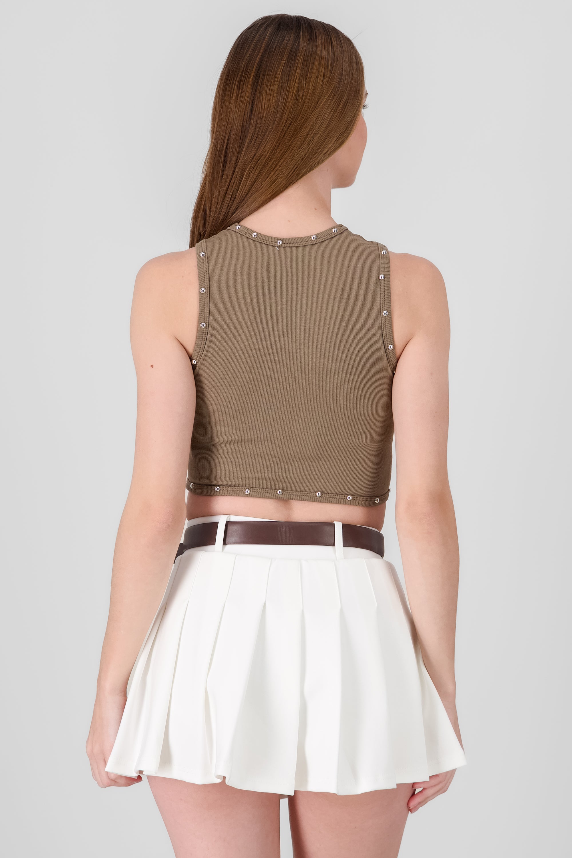 Sleeveless Crop Top with Stud Detail KHAKI