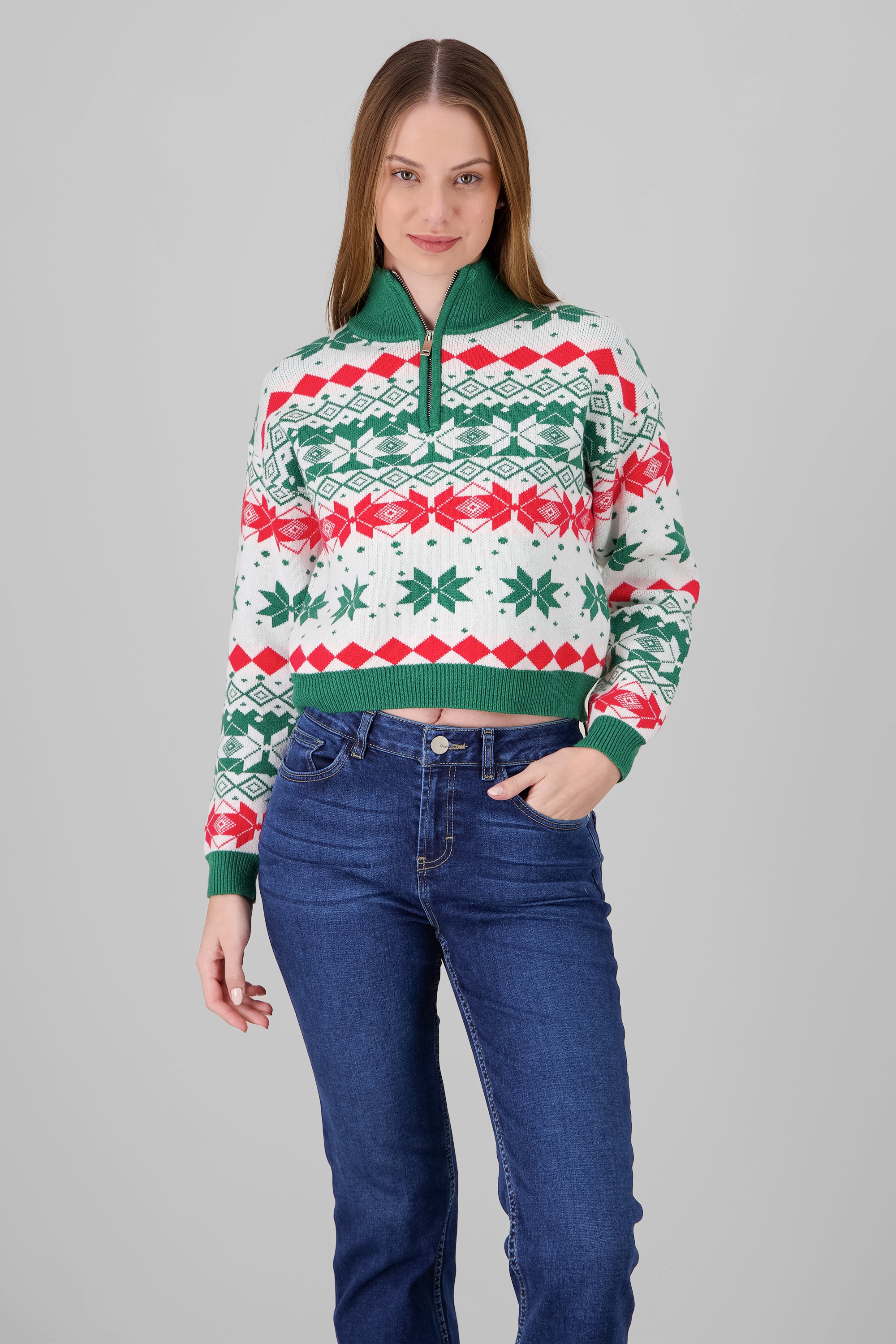 High Neck Christmas Sweater GREEN COMBO