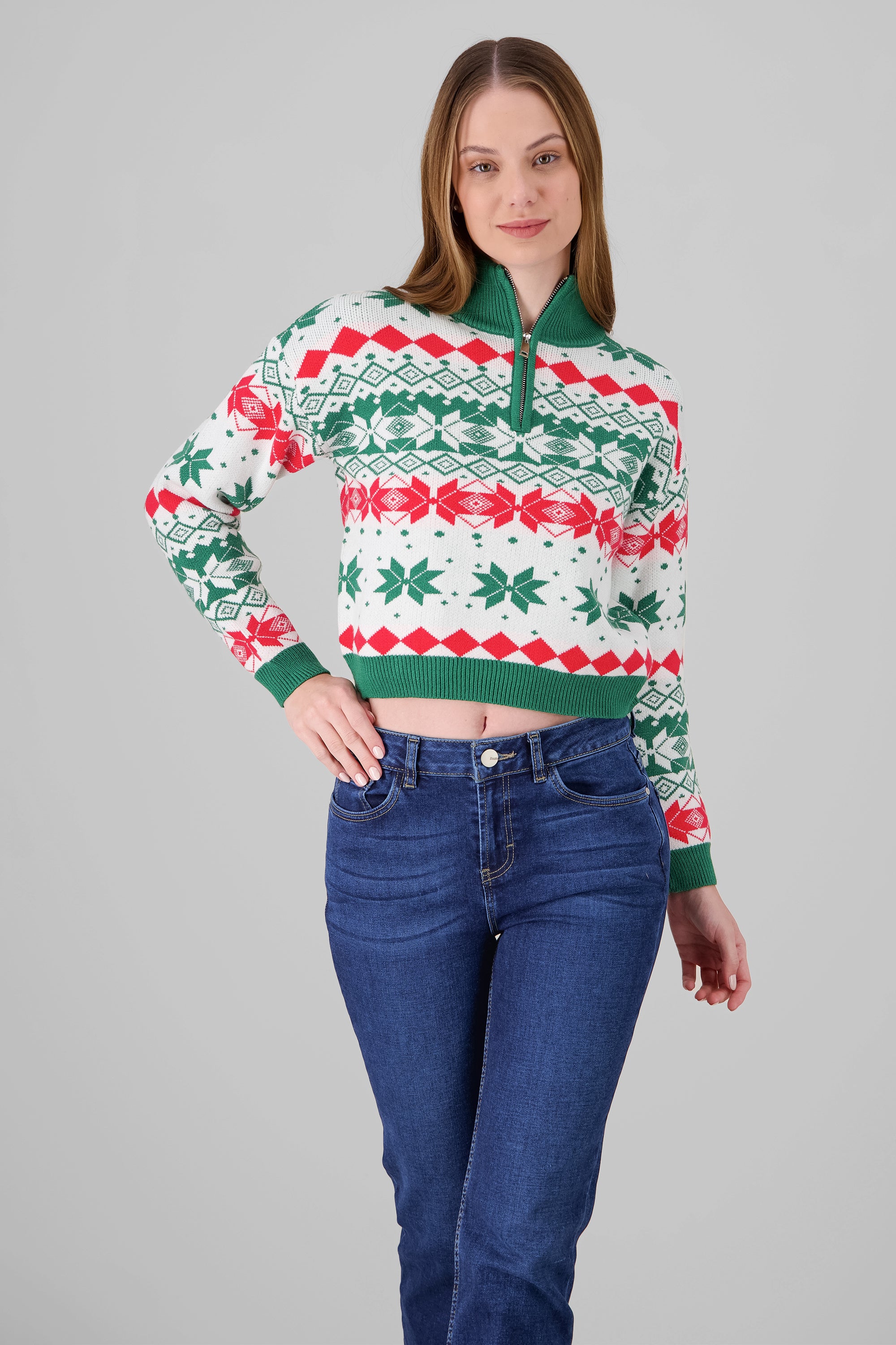 High Neck Christmas Sweater GREEN COMBO