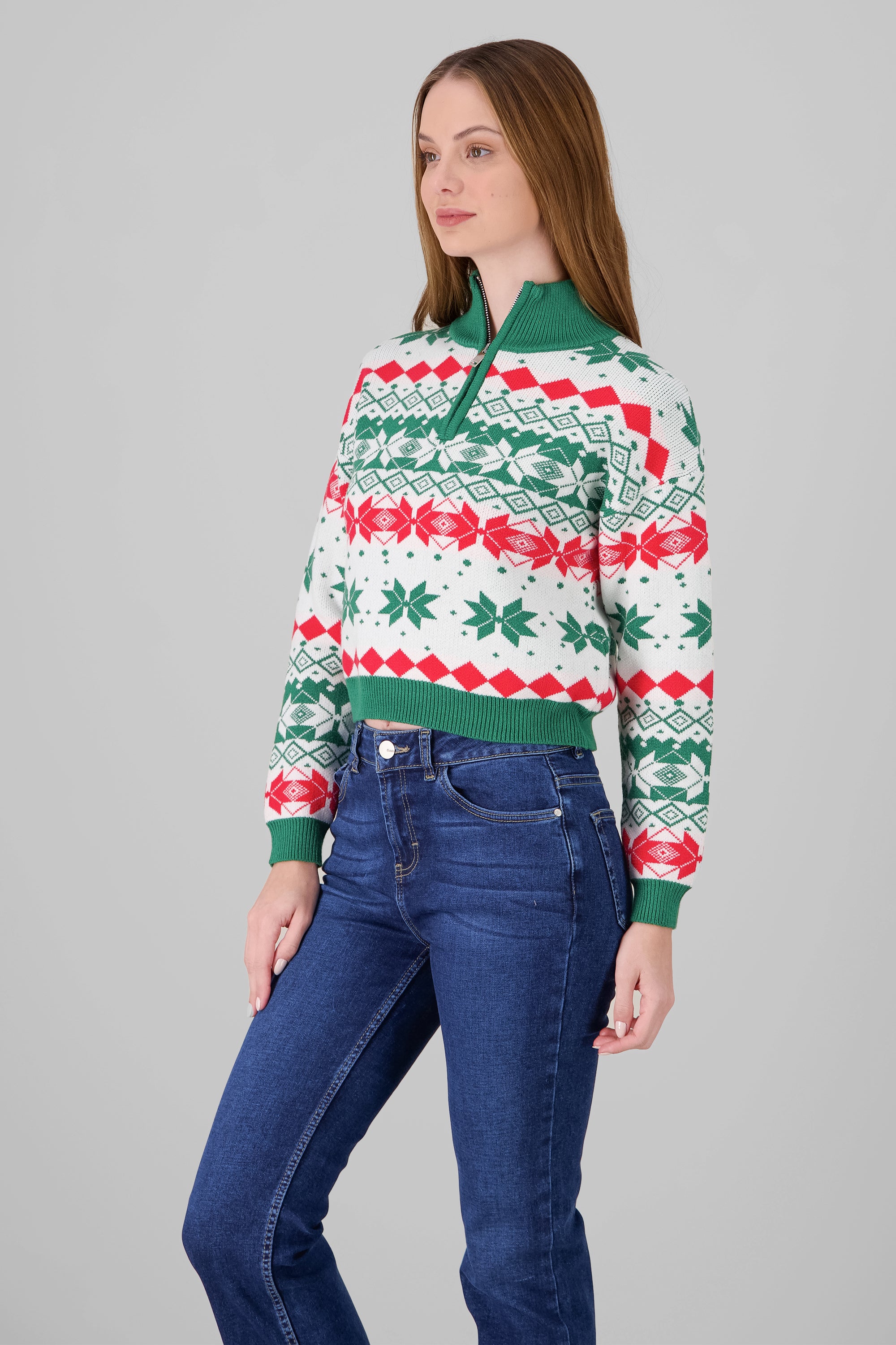 High Neck Christmas Sweater GREEN COMBO