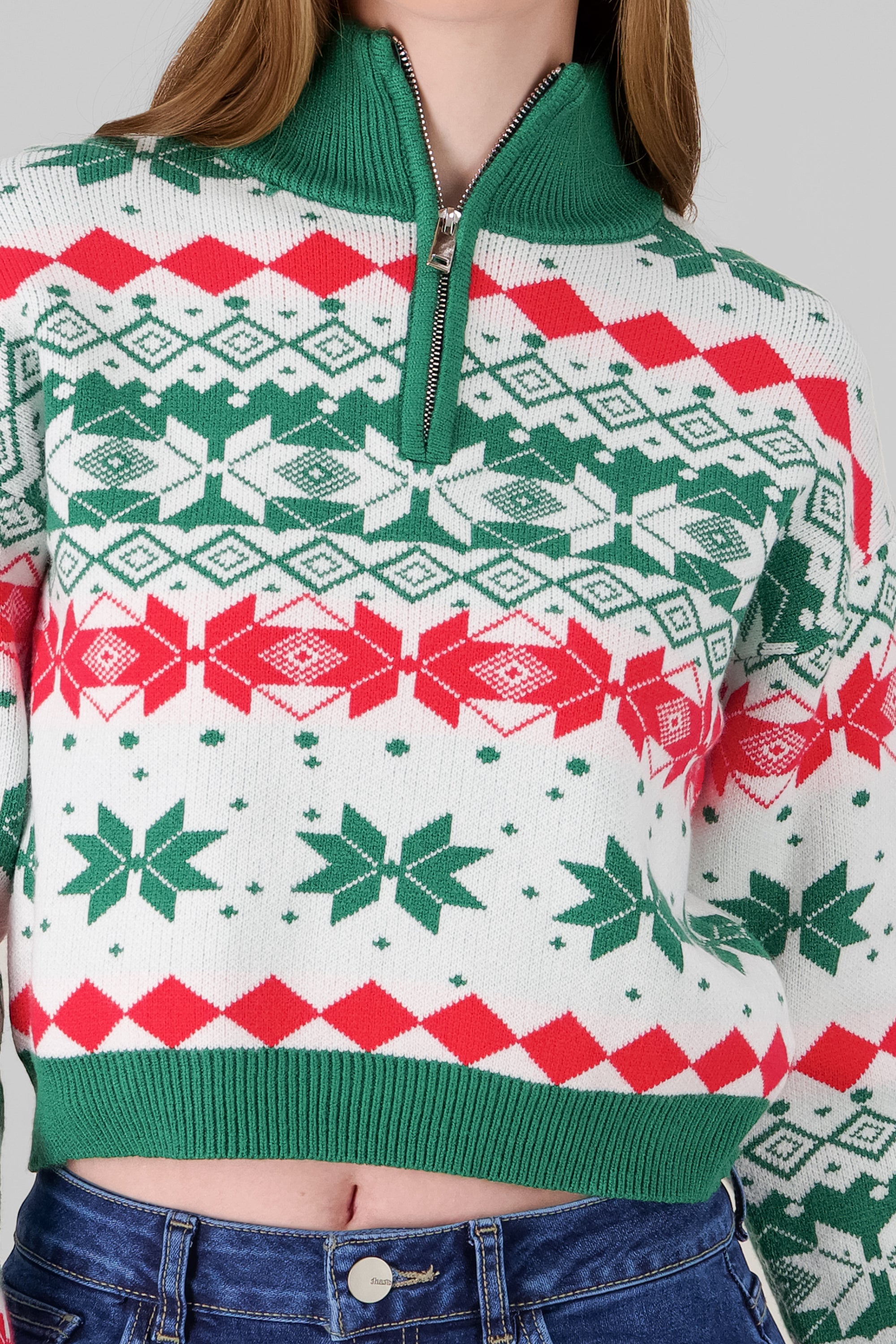 High Neck Christmas Sweater GREEN COMBO