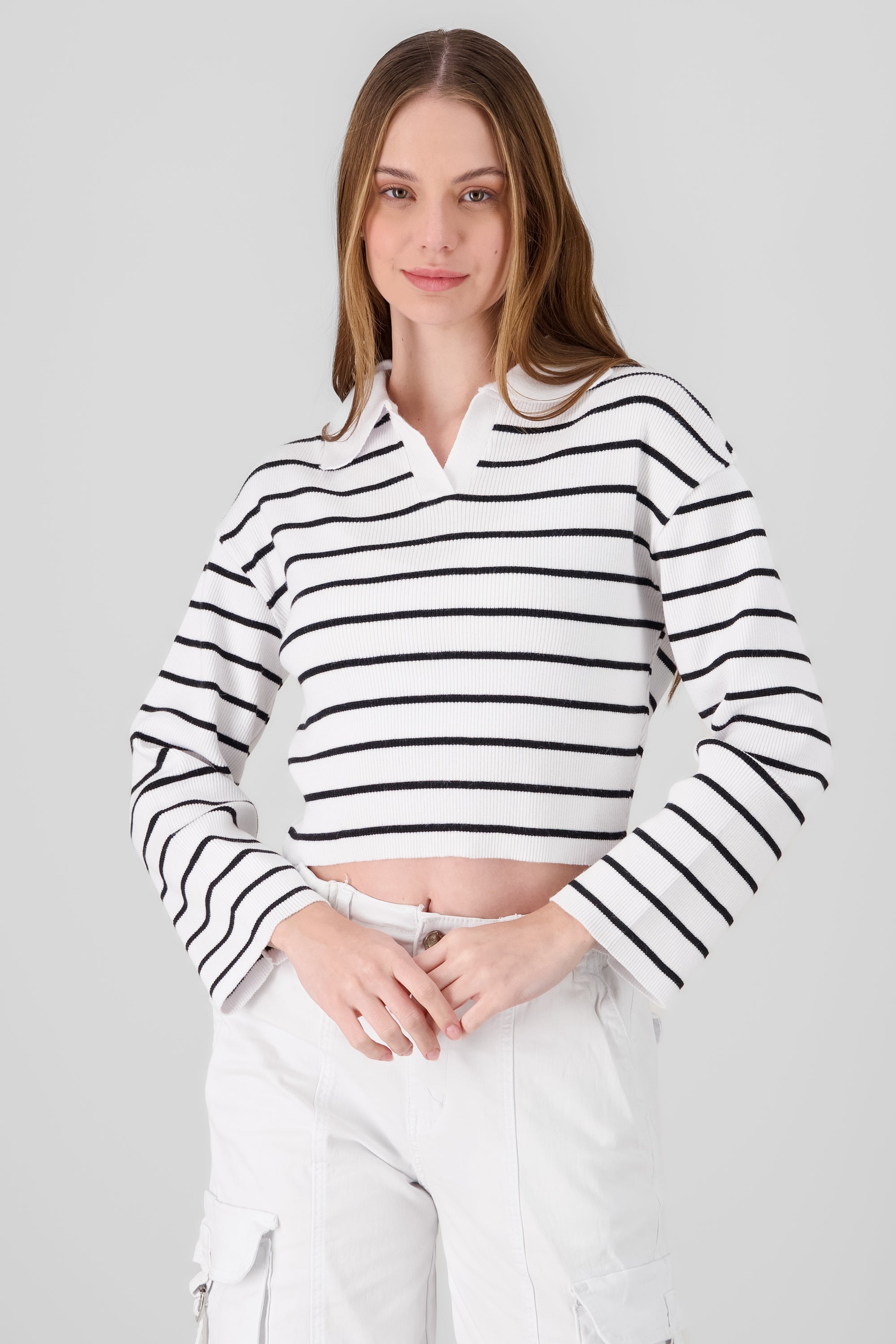 Striped Knit Polo Collar Sweater WHITE COMBO