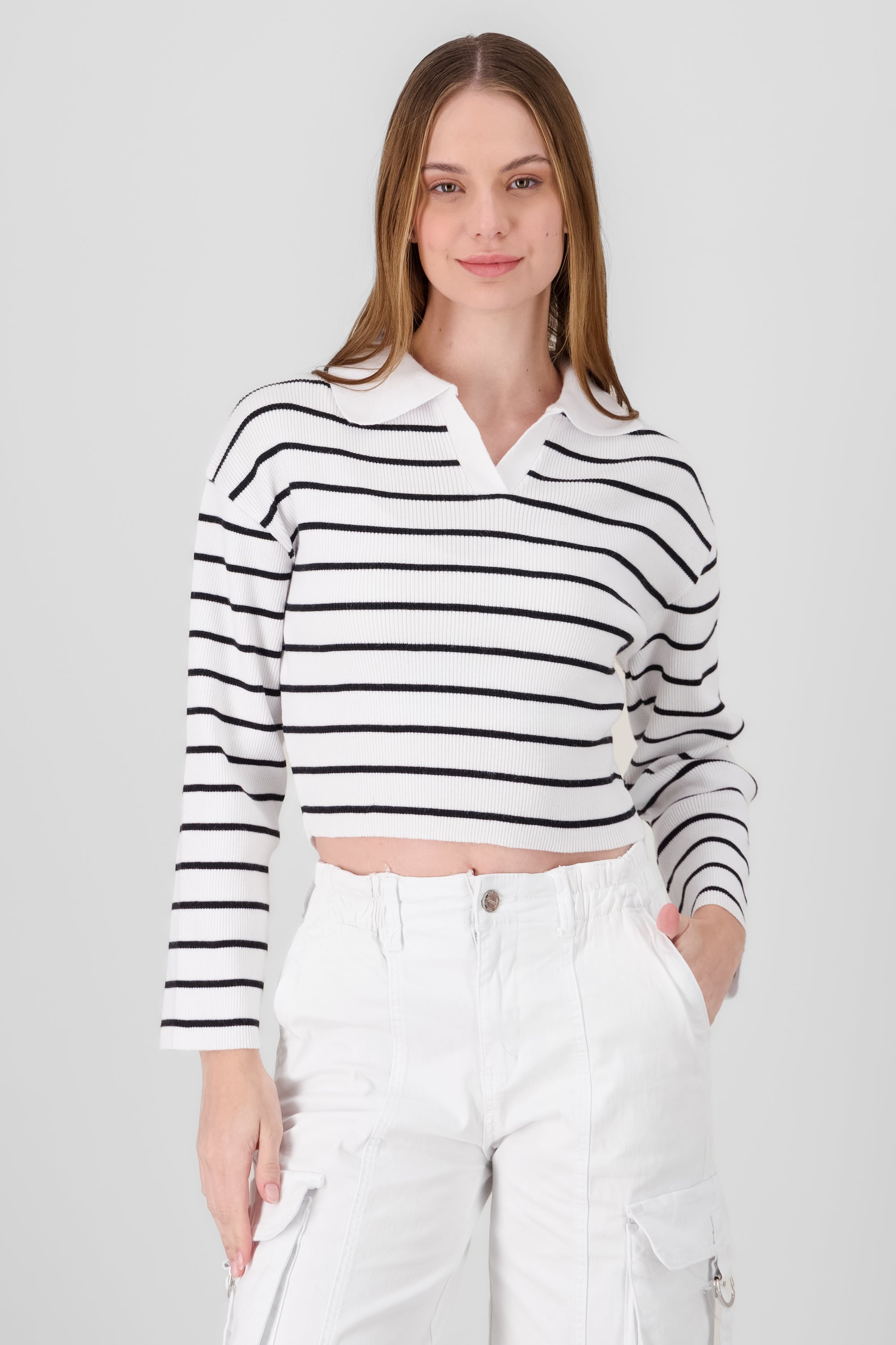 Striped Knit Polo Collar Sweater WHITE COMBO