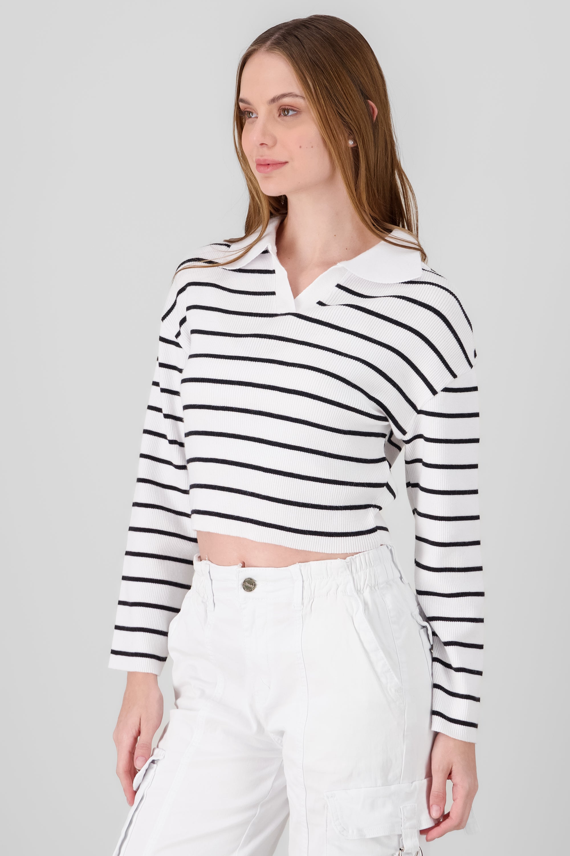 Striped Knit Polo Collar Sweater WHITE COMBO