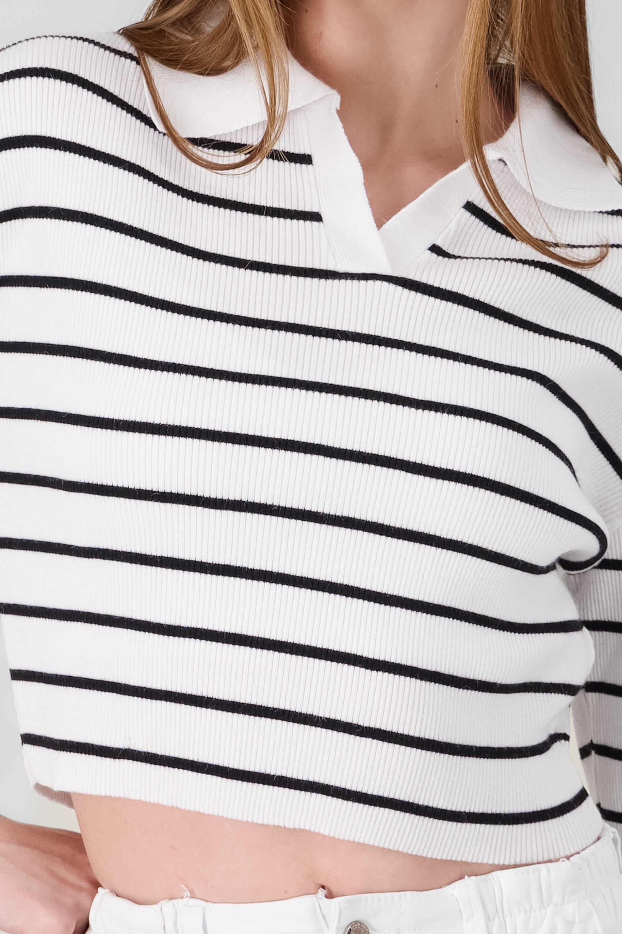 Striped Knit Polo Collar Sweater WHITE COMBO