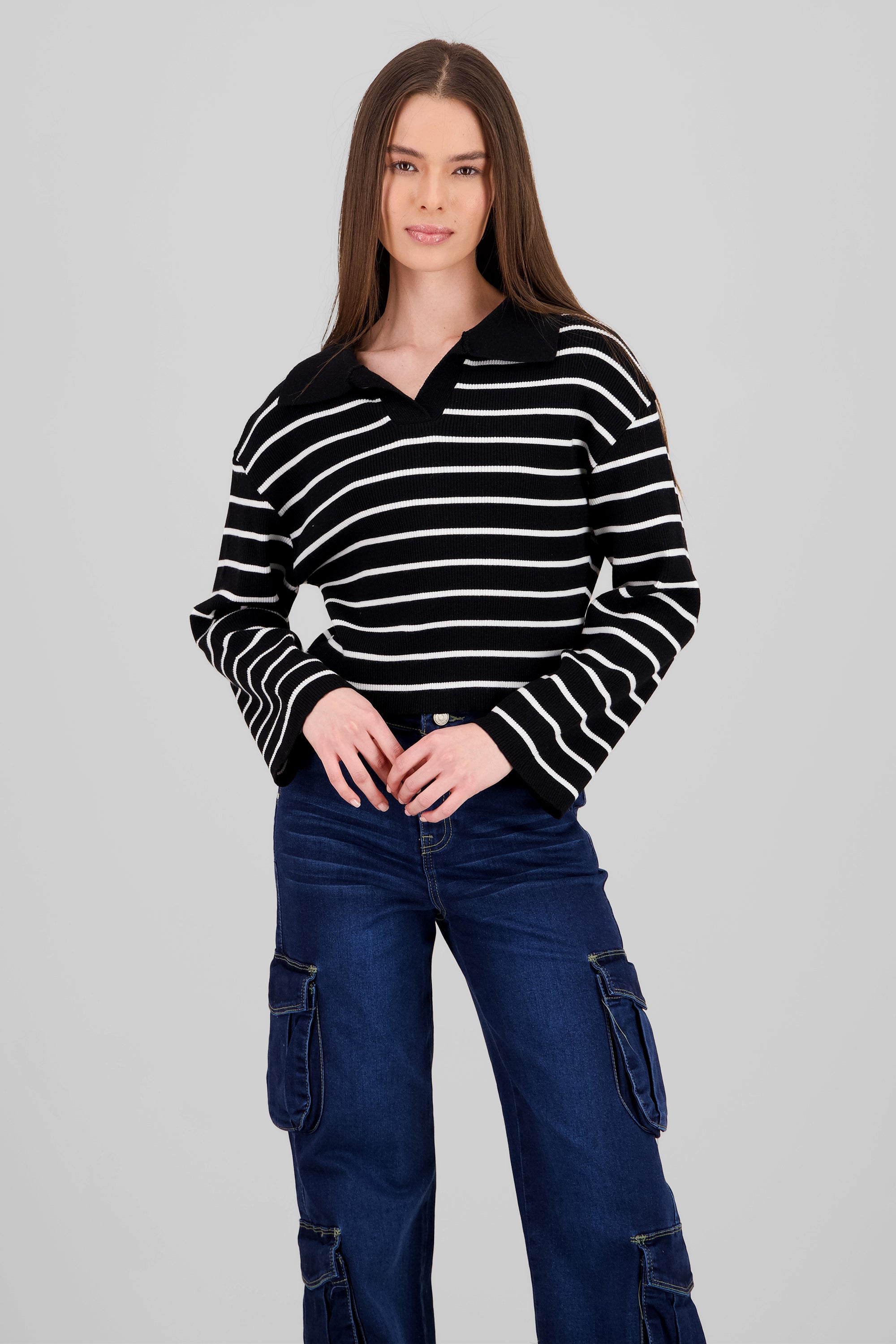 Striped Knit Polo Collar Sweater BLACK COMBO