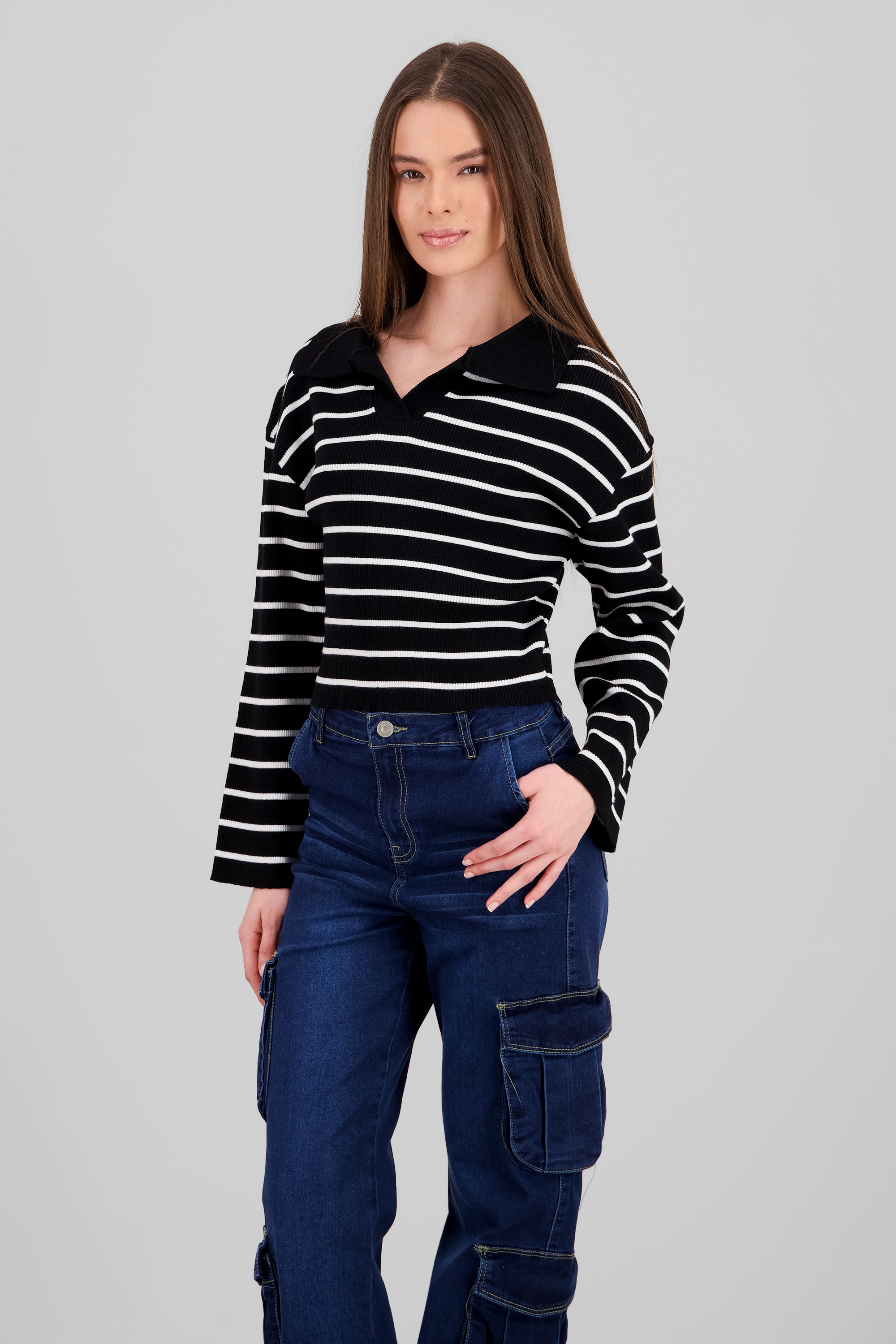 Striped Knit Polo Collar Sweater BLACK COMBO