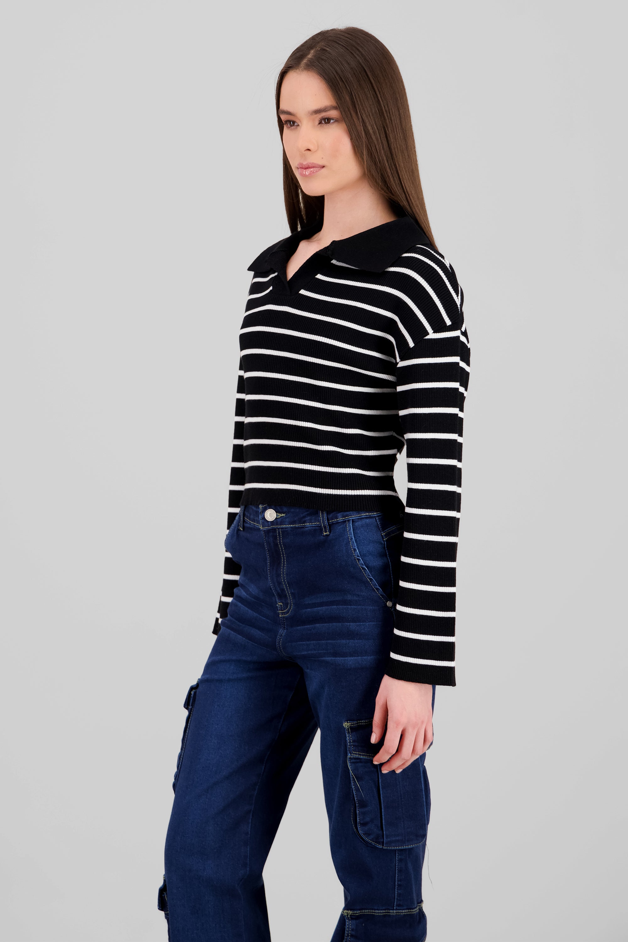 Striped Knit Polo Collar Sweater BLACK COMBO