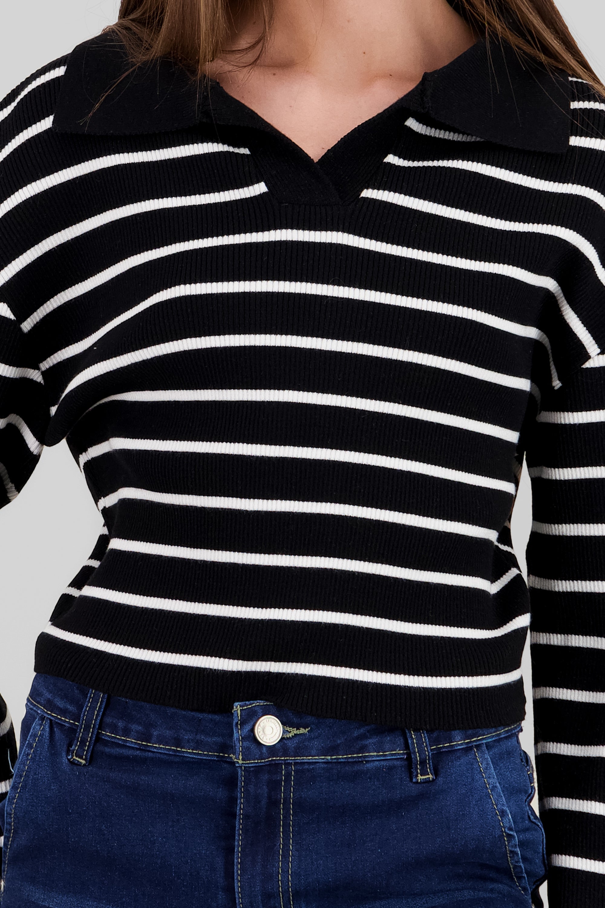 Striped Knit Polo Collar Sweater BLACK COMBO