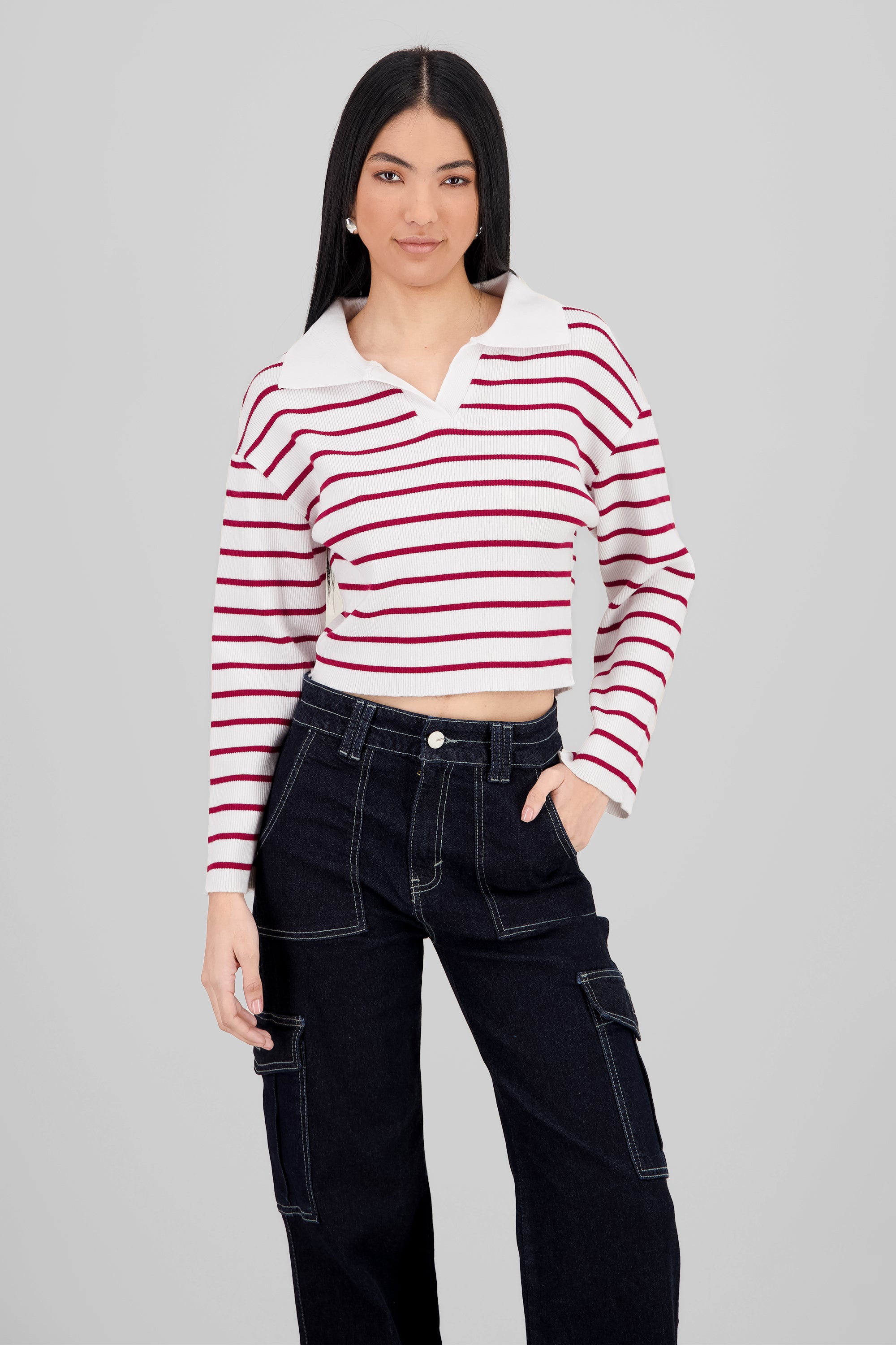 Striped Knit Polo Collar Sweater RED COMBO