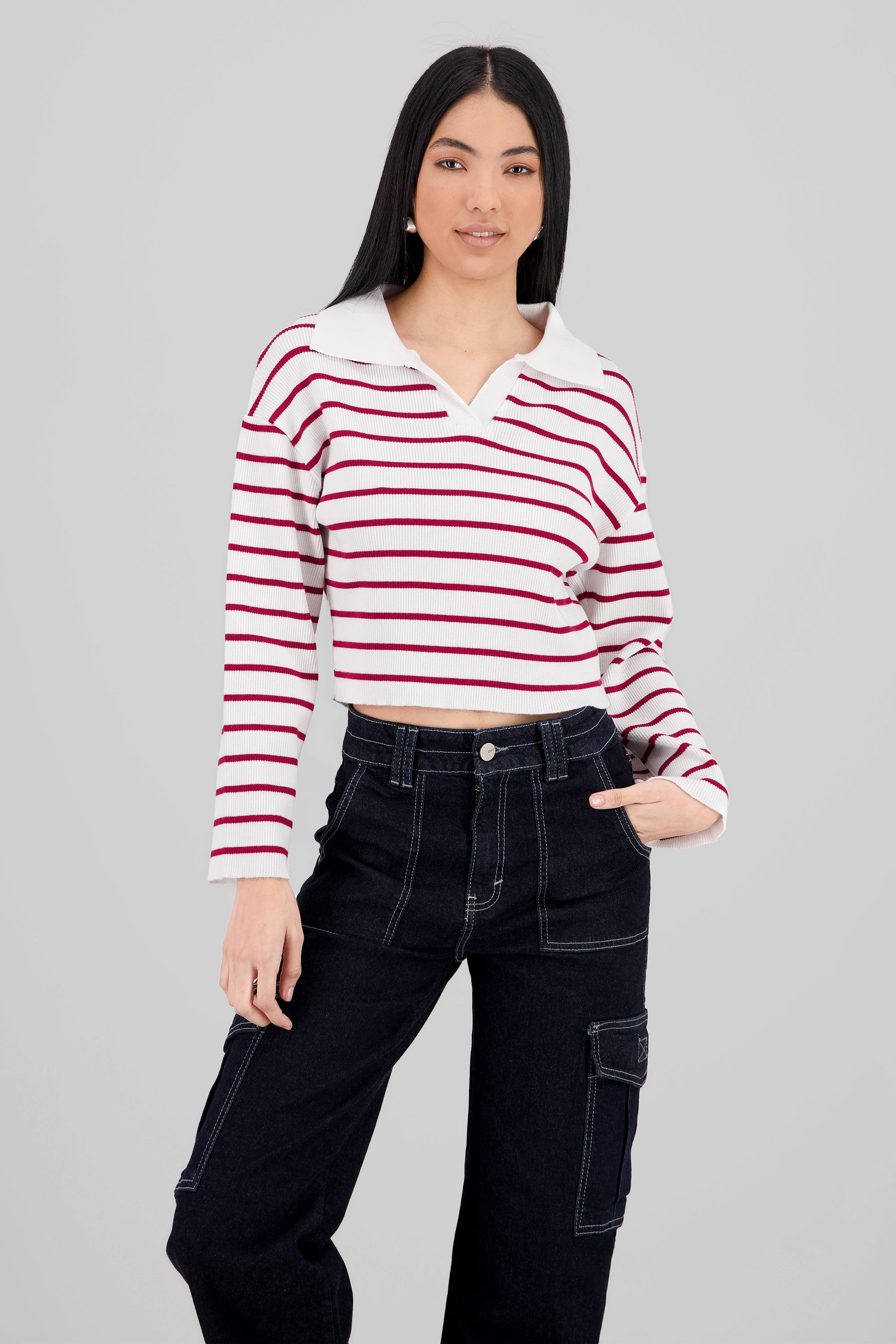 Striped Knit Polo Collar Sweater RED COMBO