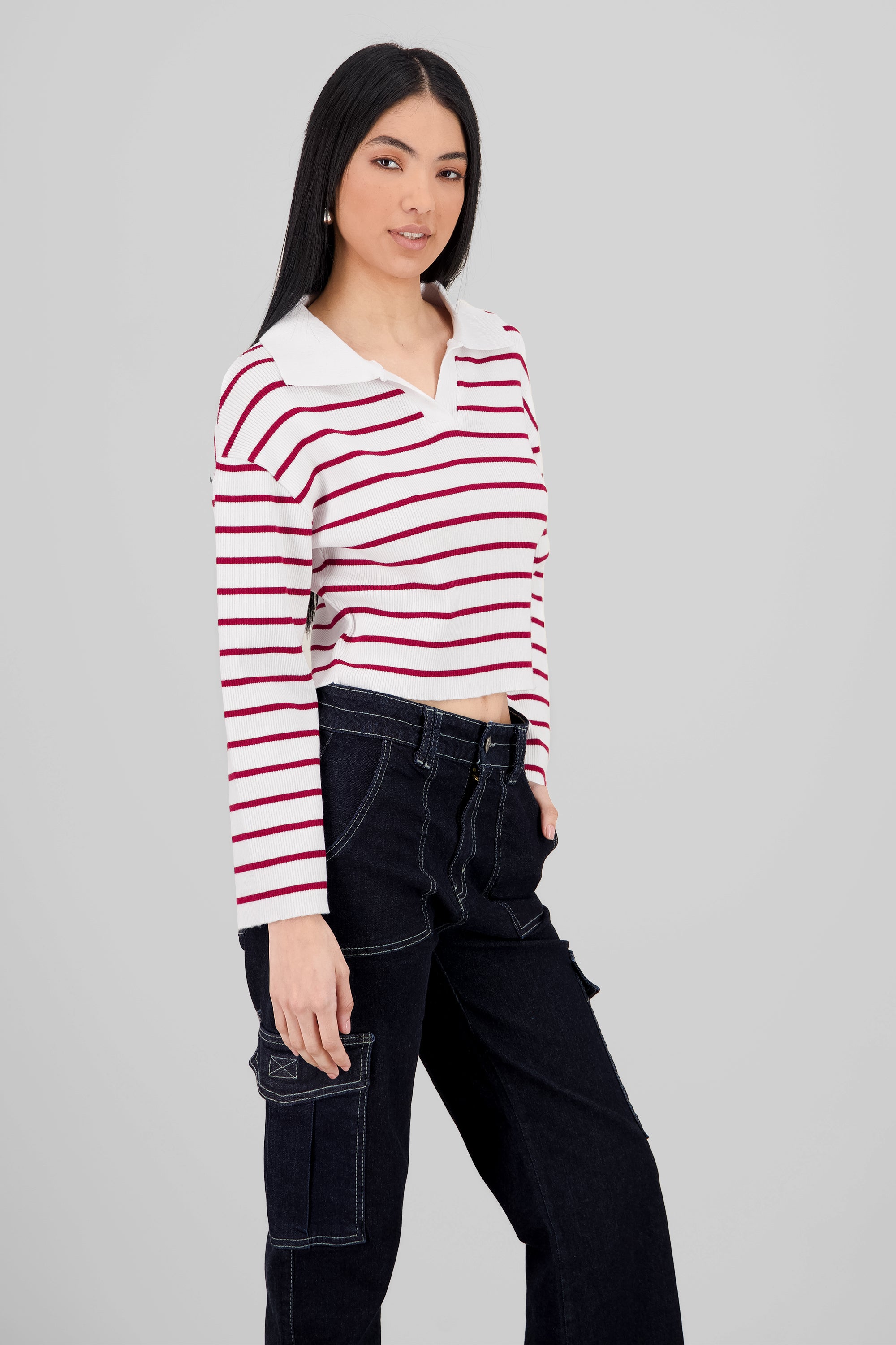 Striped Knit Polo Collar Sweater RED COMBO