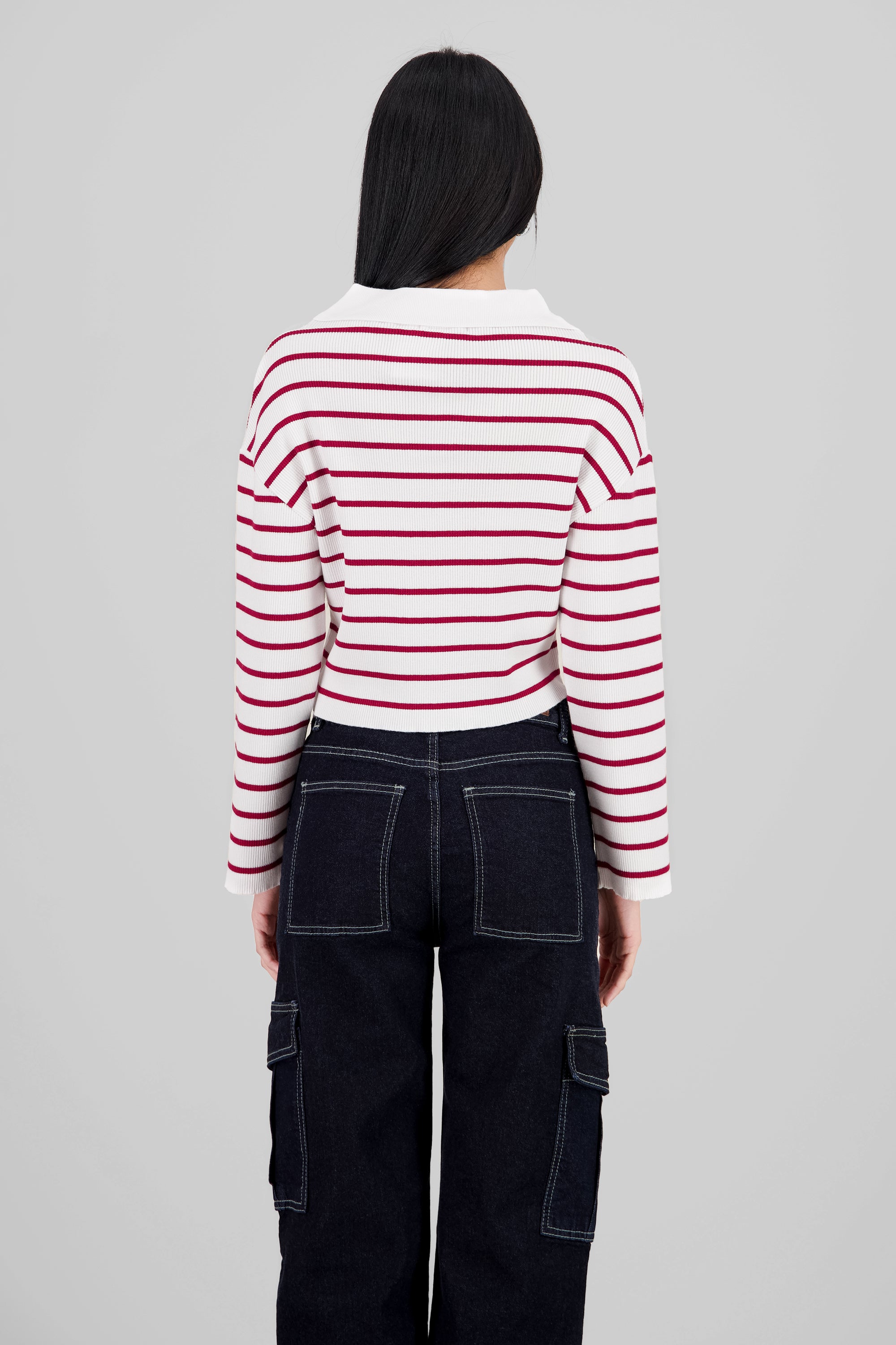 Striped Knit Polo Collar Sweater RED COMBO