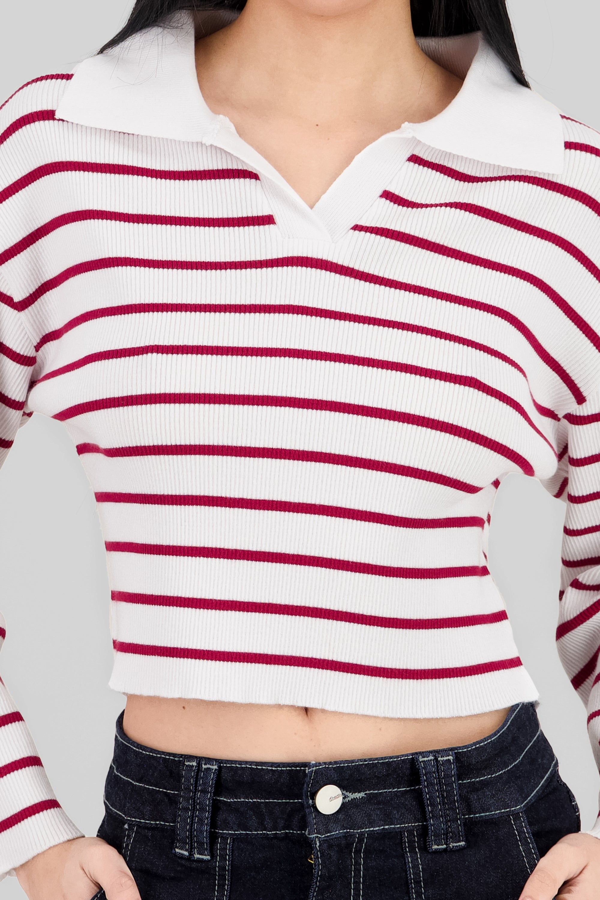 Striped Knit Polo Collar Sweater RED COMBO