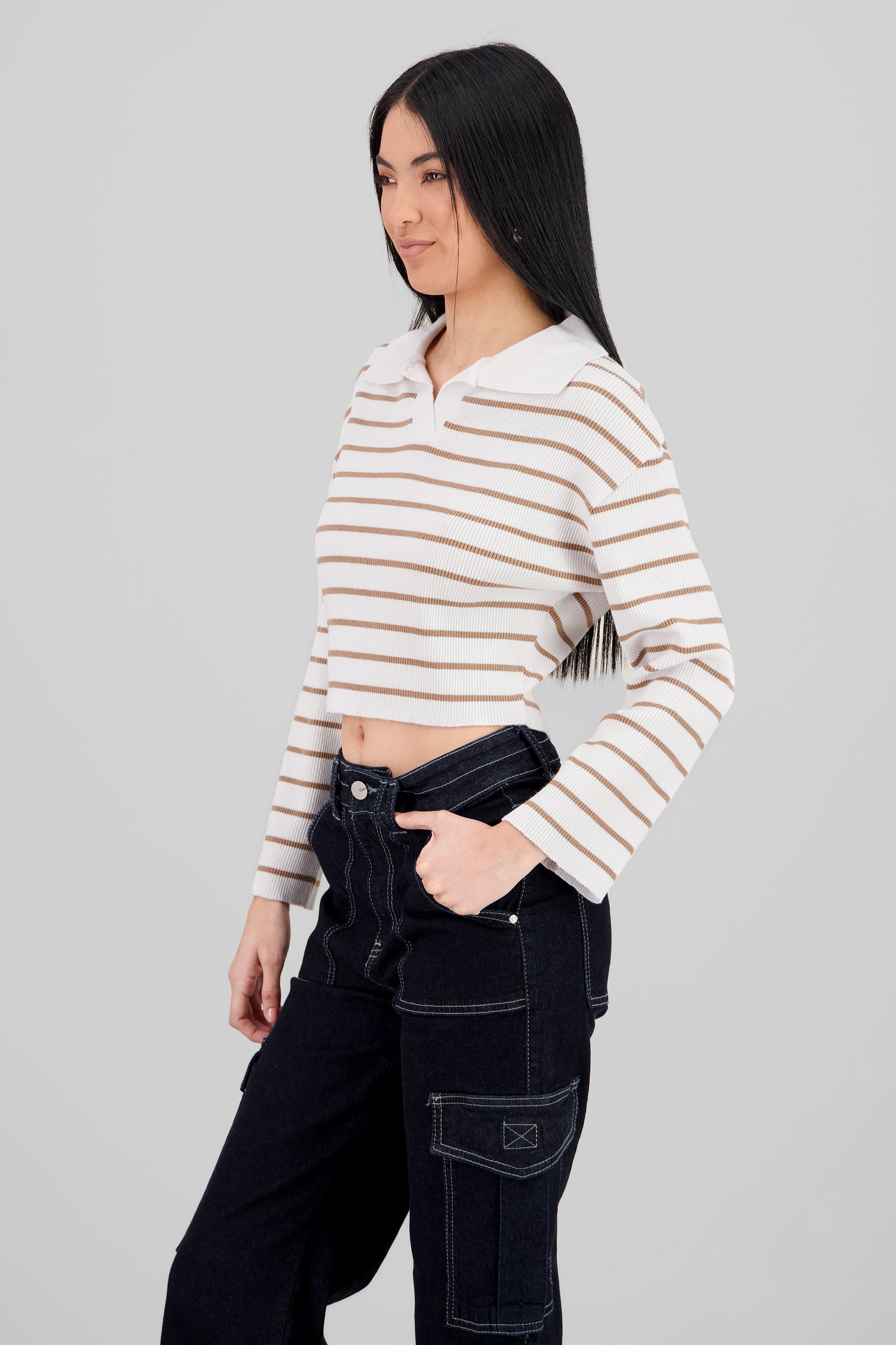 Striped Knit Polo Collar Sweater KHAKI COMBO