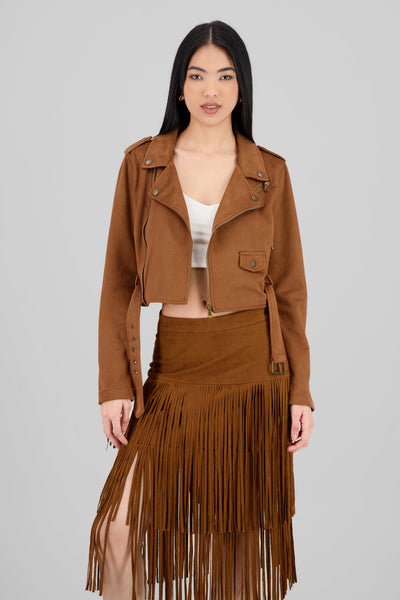 Suede Biker Jacket with Fringe CAMEL