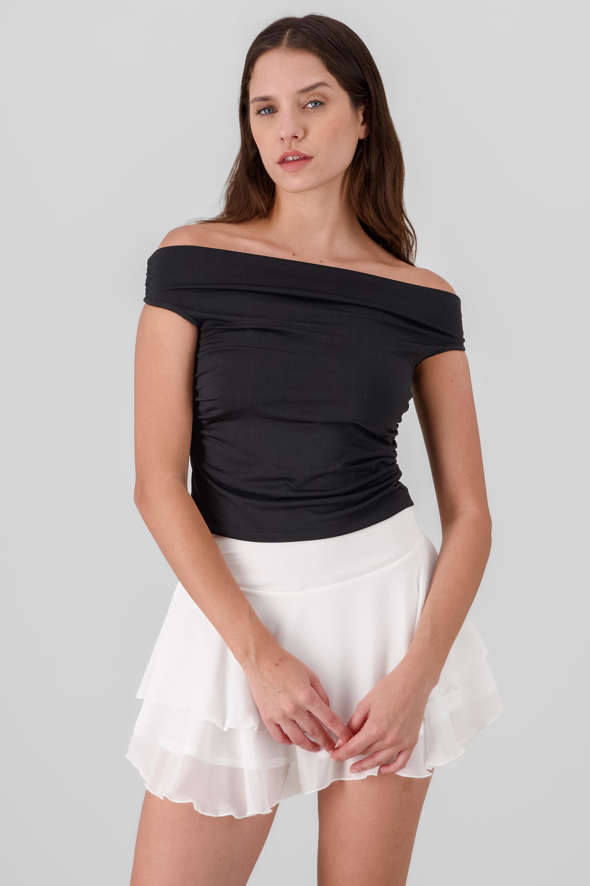 Pleated Off Shoulder Top BLACK