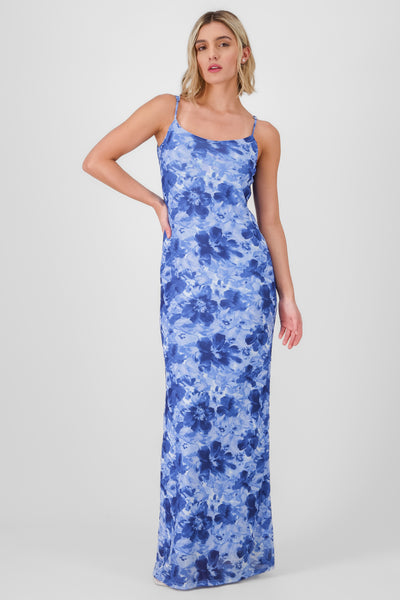 Floral Mesh Print Maxi Dress BLUE