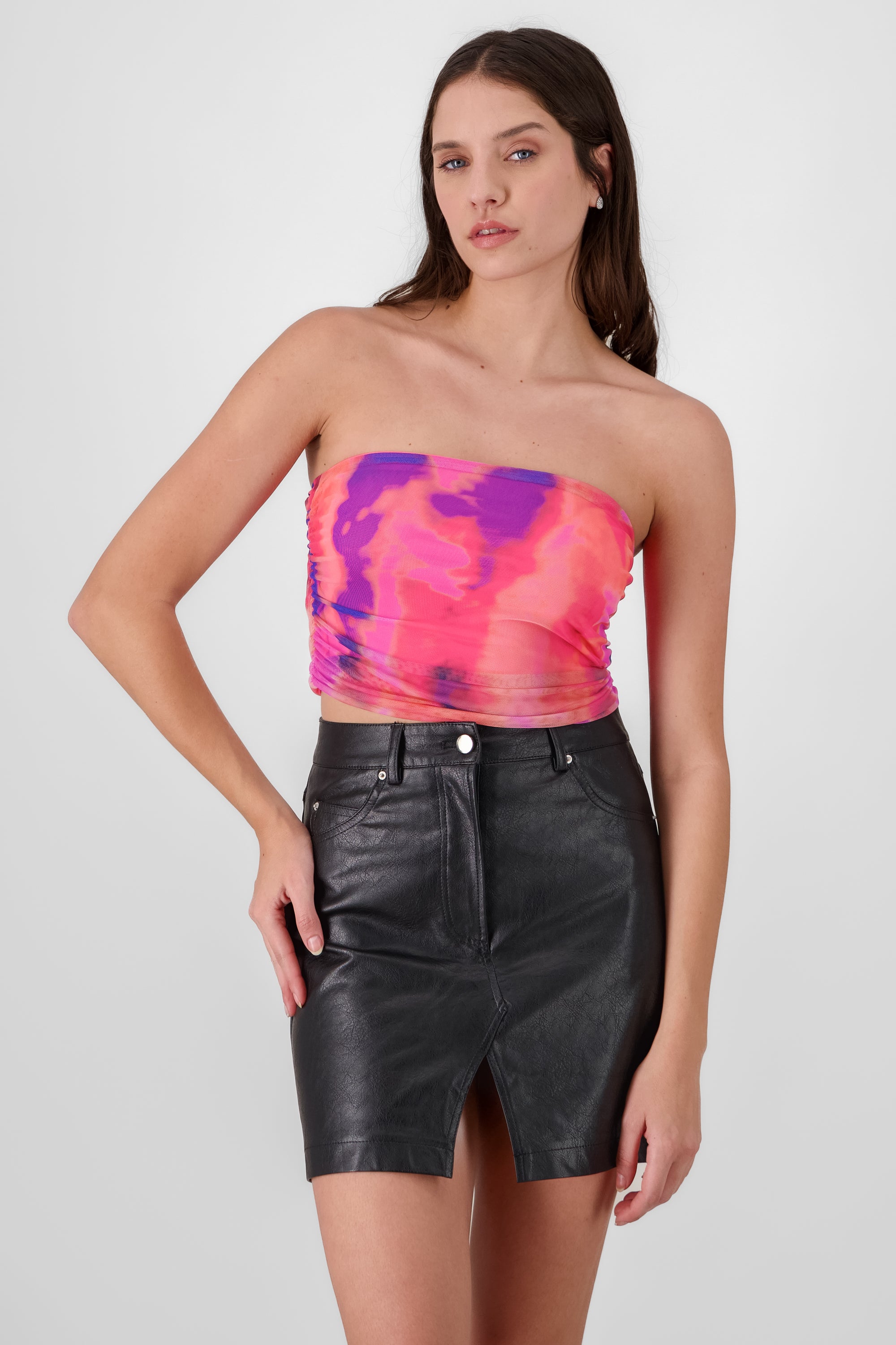 Draped Mesh Tube Top PINK COMBO