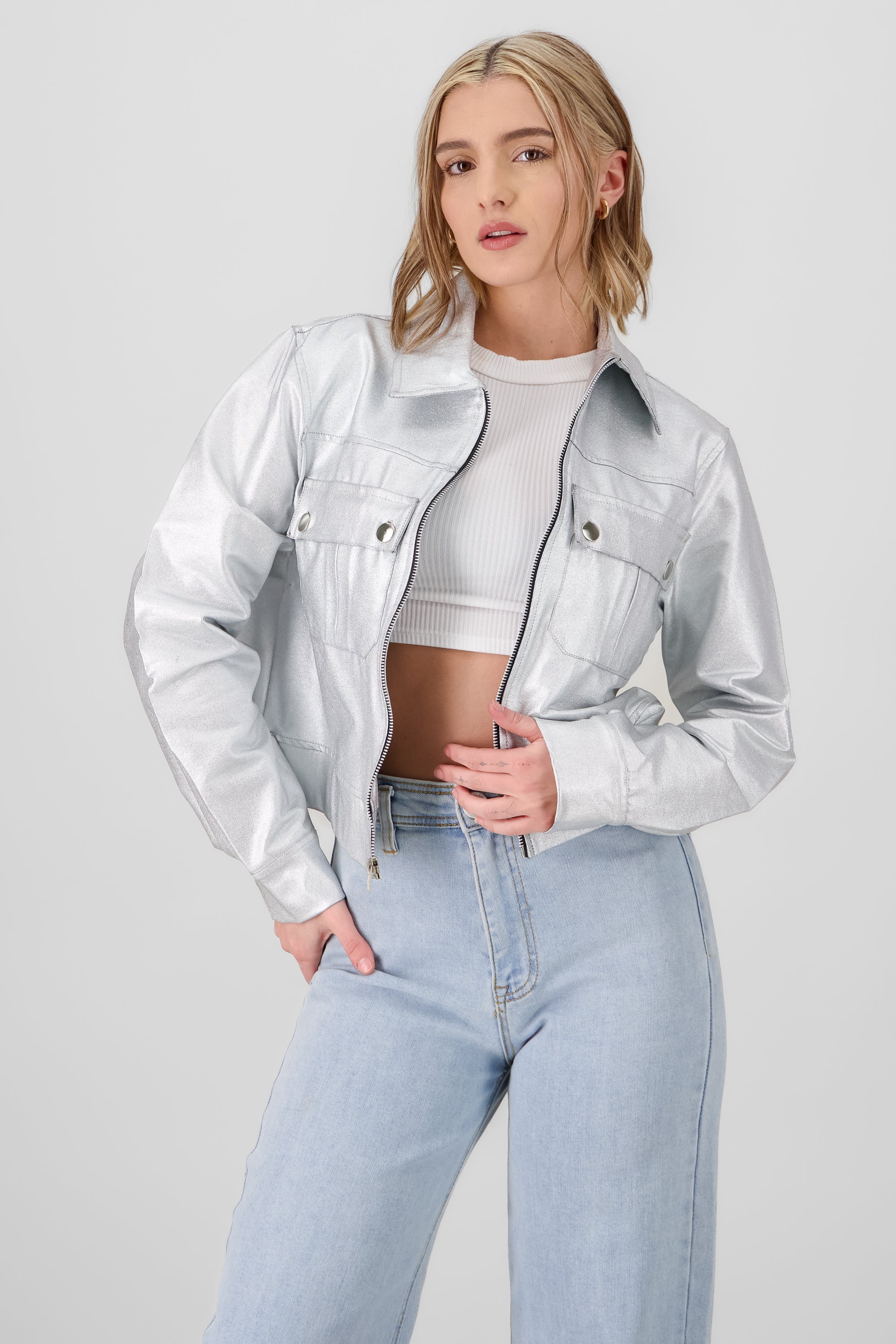 Metallic Jacket with Pocket Details SILVER