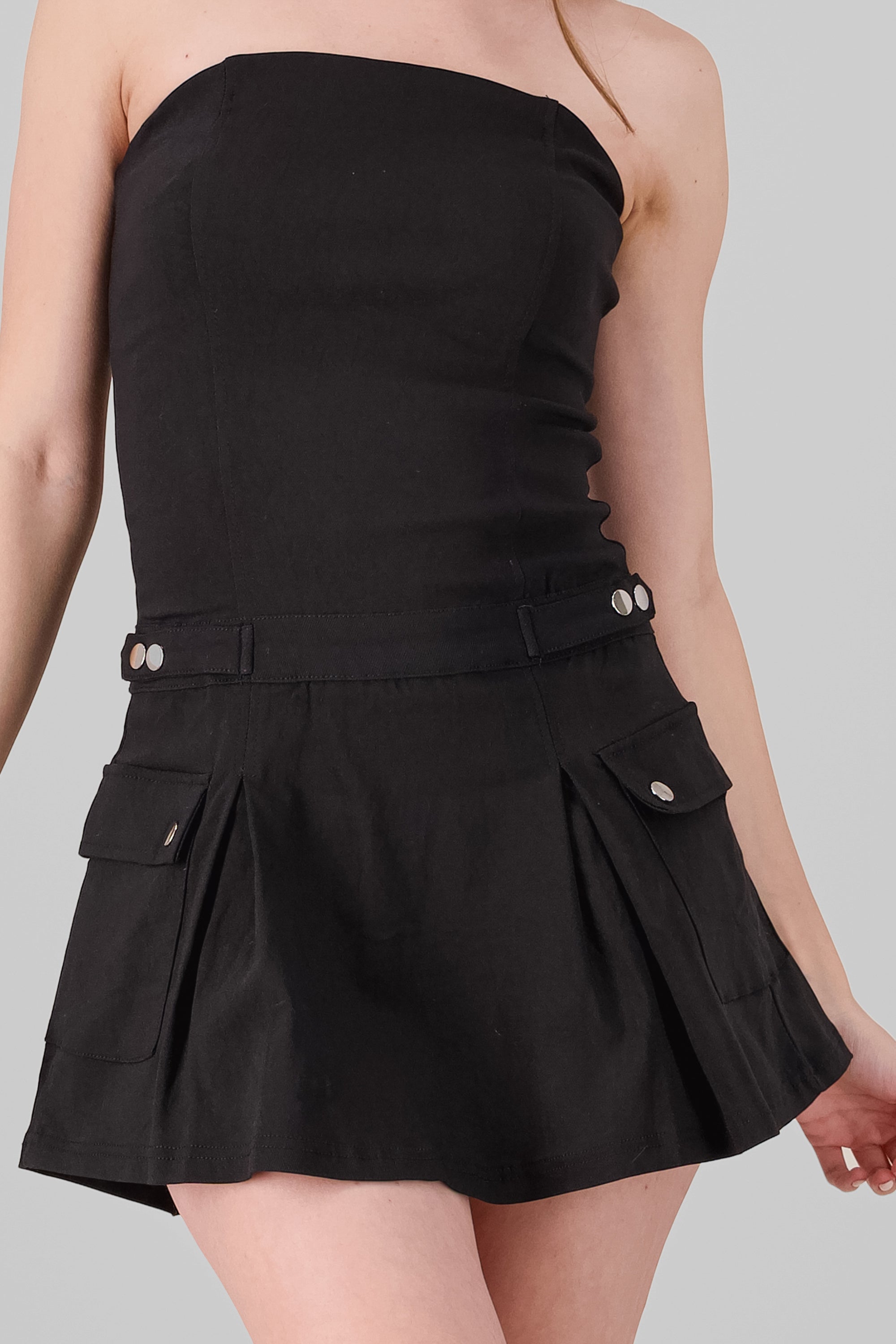 Strapless Dress with Cargo Pockets BLACK