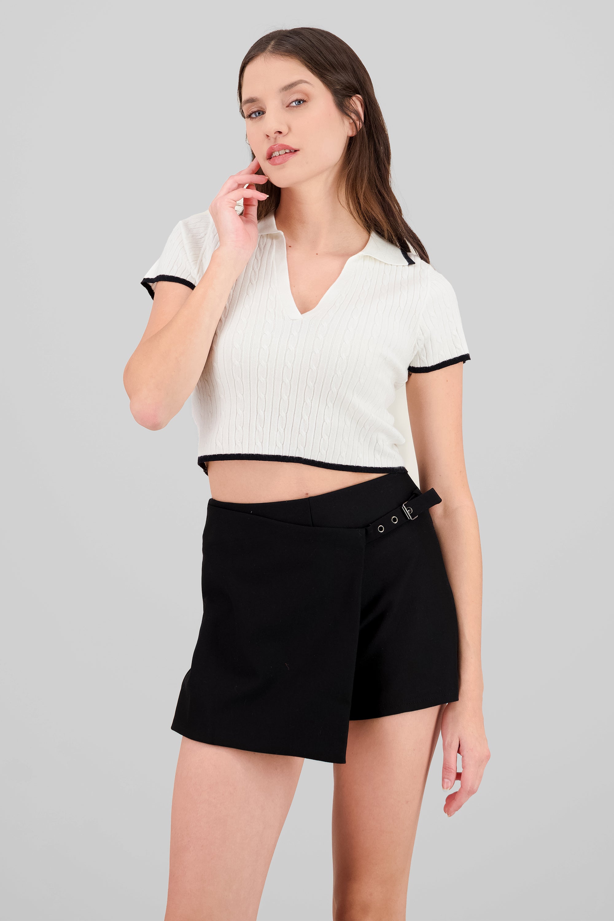 Short Sleeve Knit Top WHITE COMBO