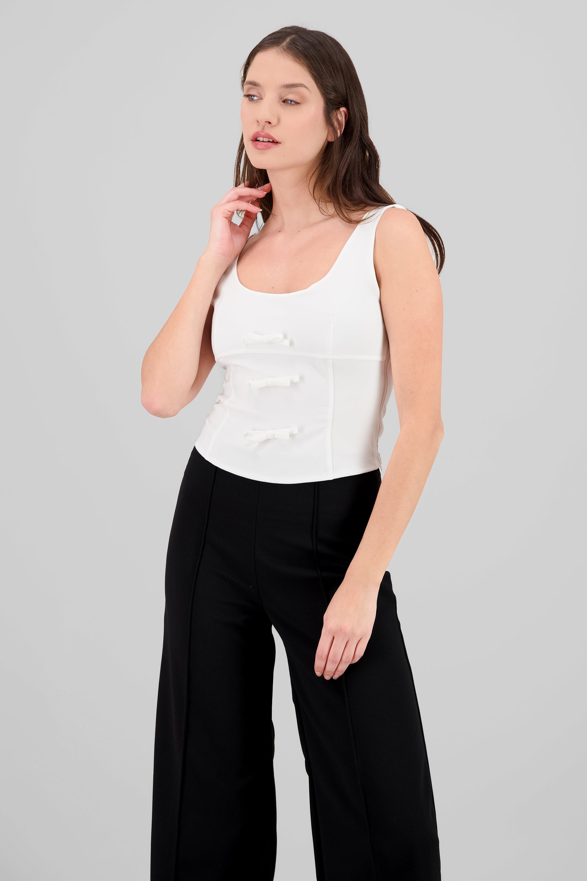 Square Neckline Top with Bow Detail WHITE