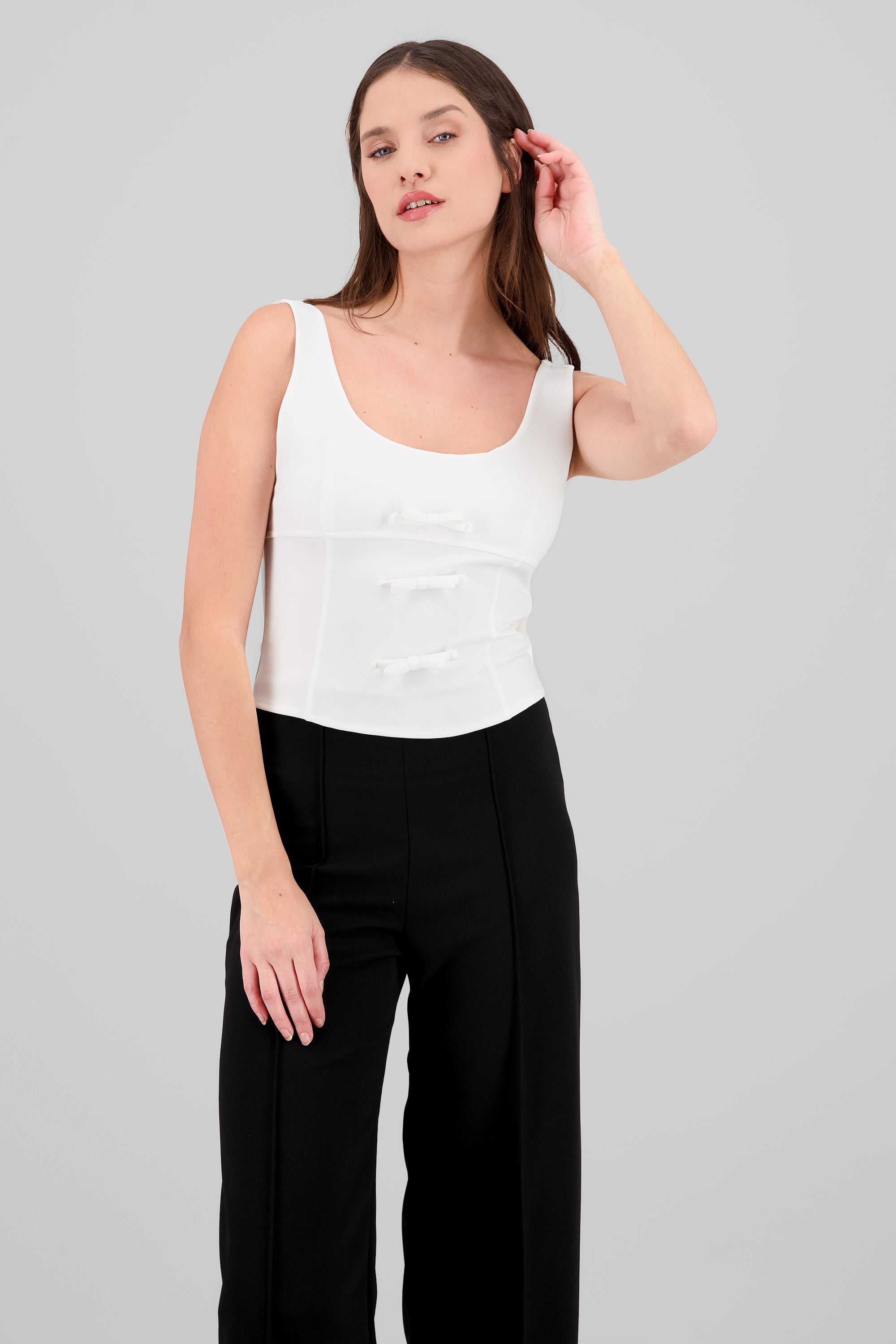 Square Neckline Top with Bow Detail WHITE