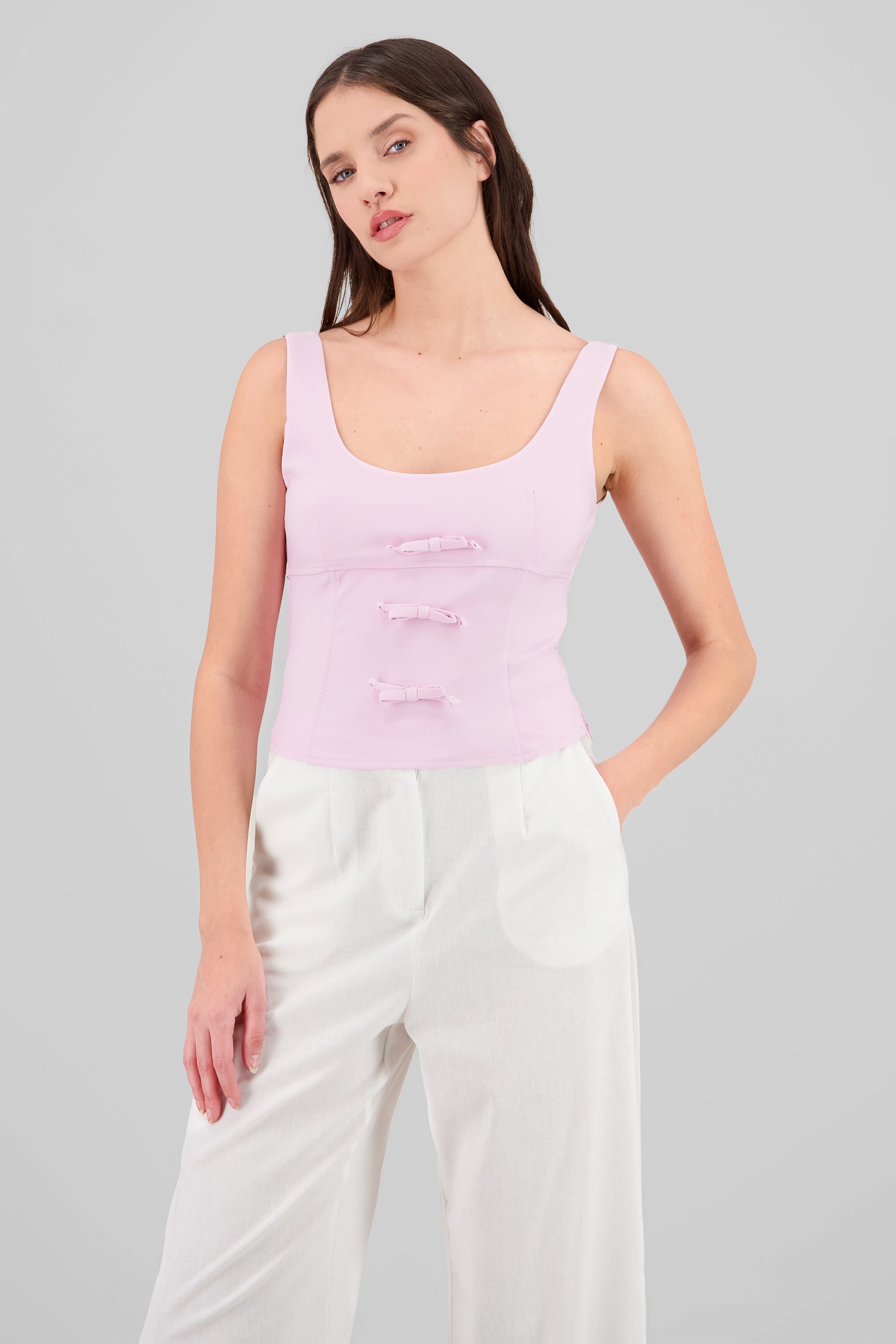 Square Neckline Top with Bow Detail PINK