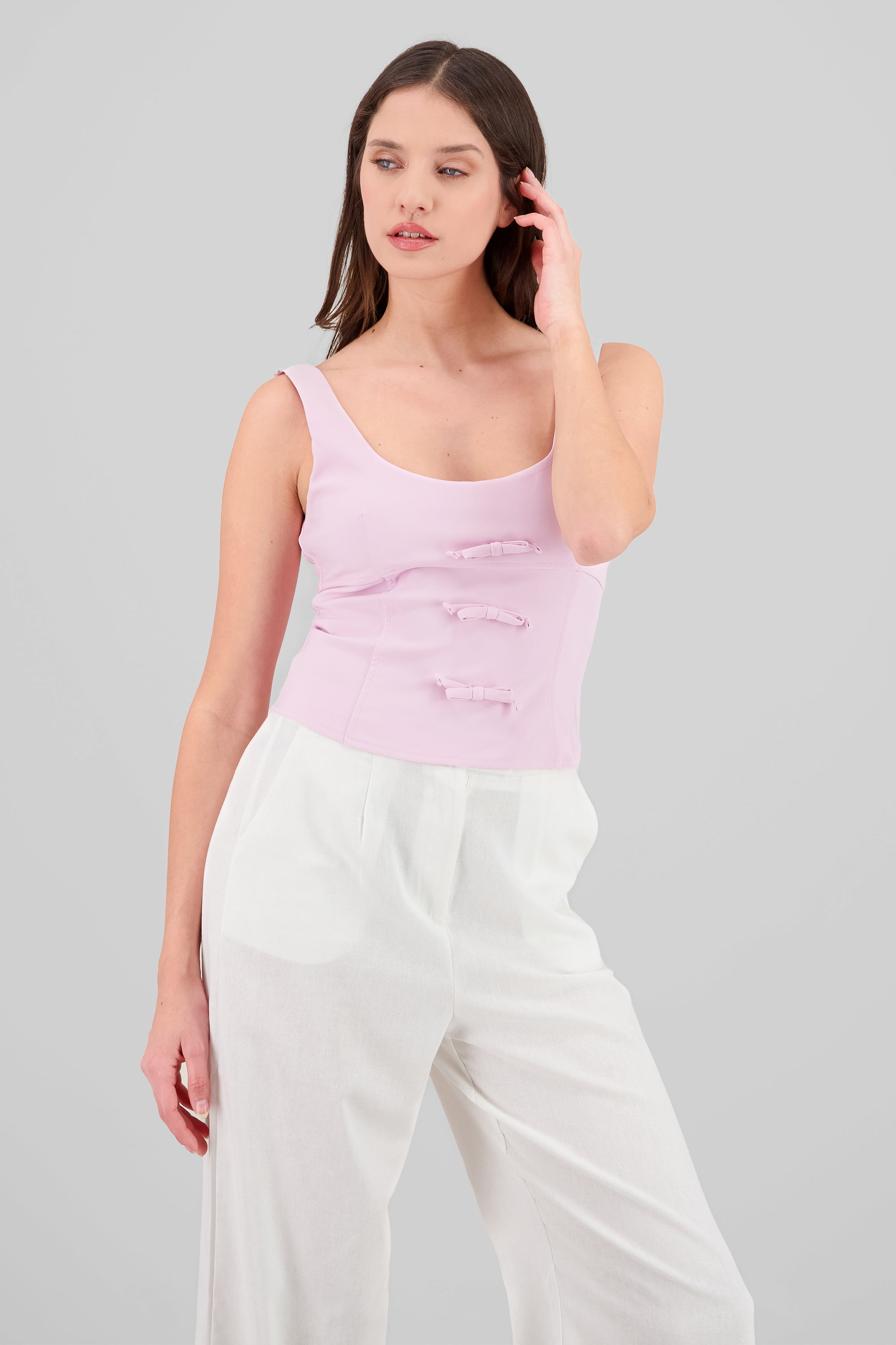 Square Neckline Top with Bow Detail PINK