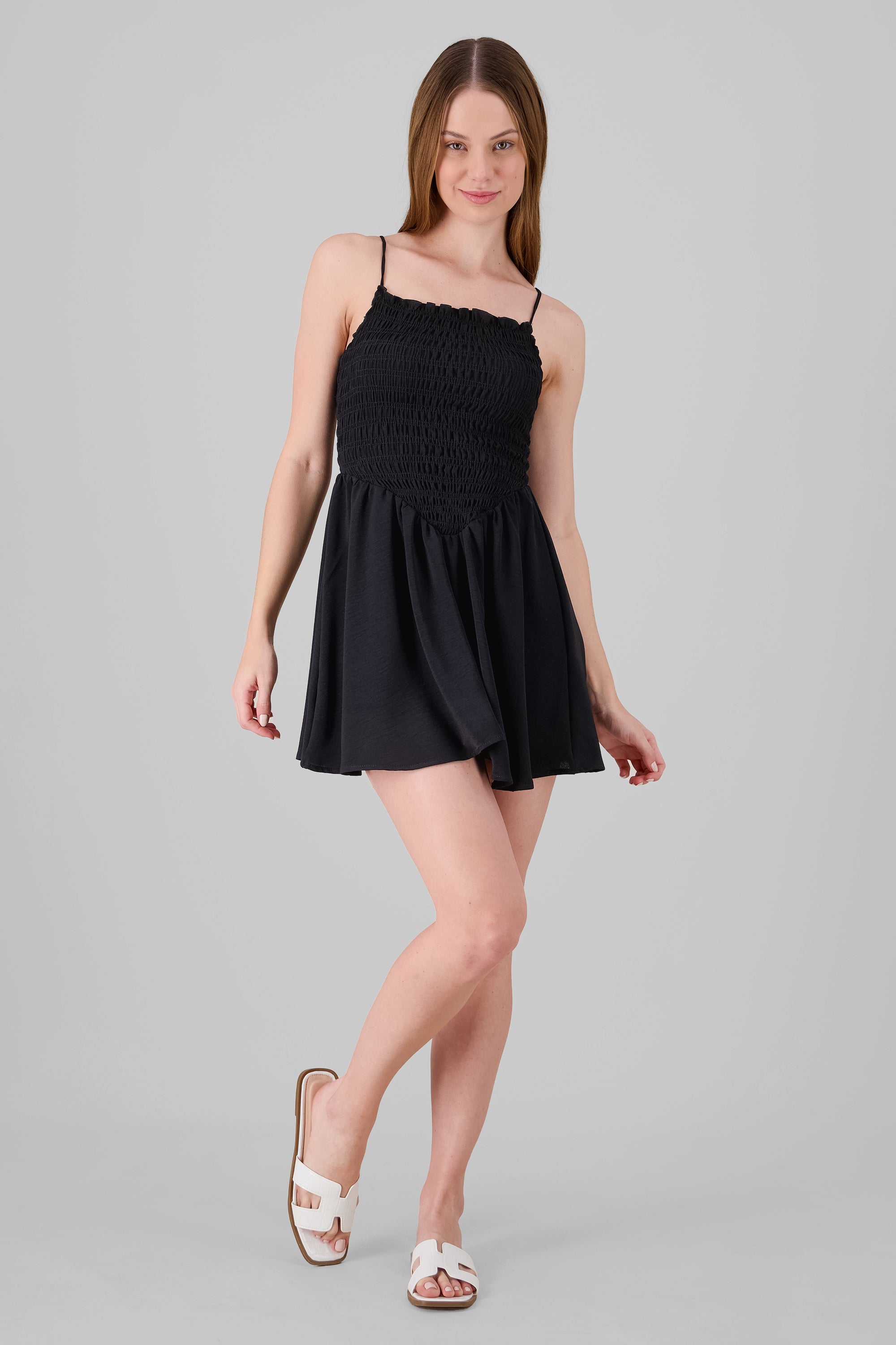 Smocking Detail Mini Dress BLACK