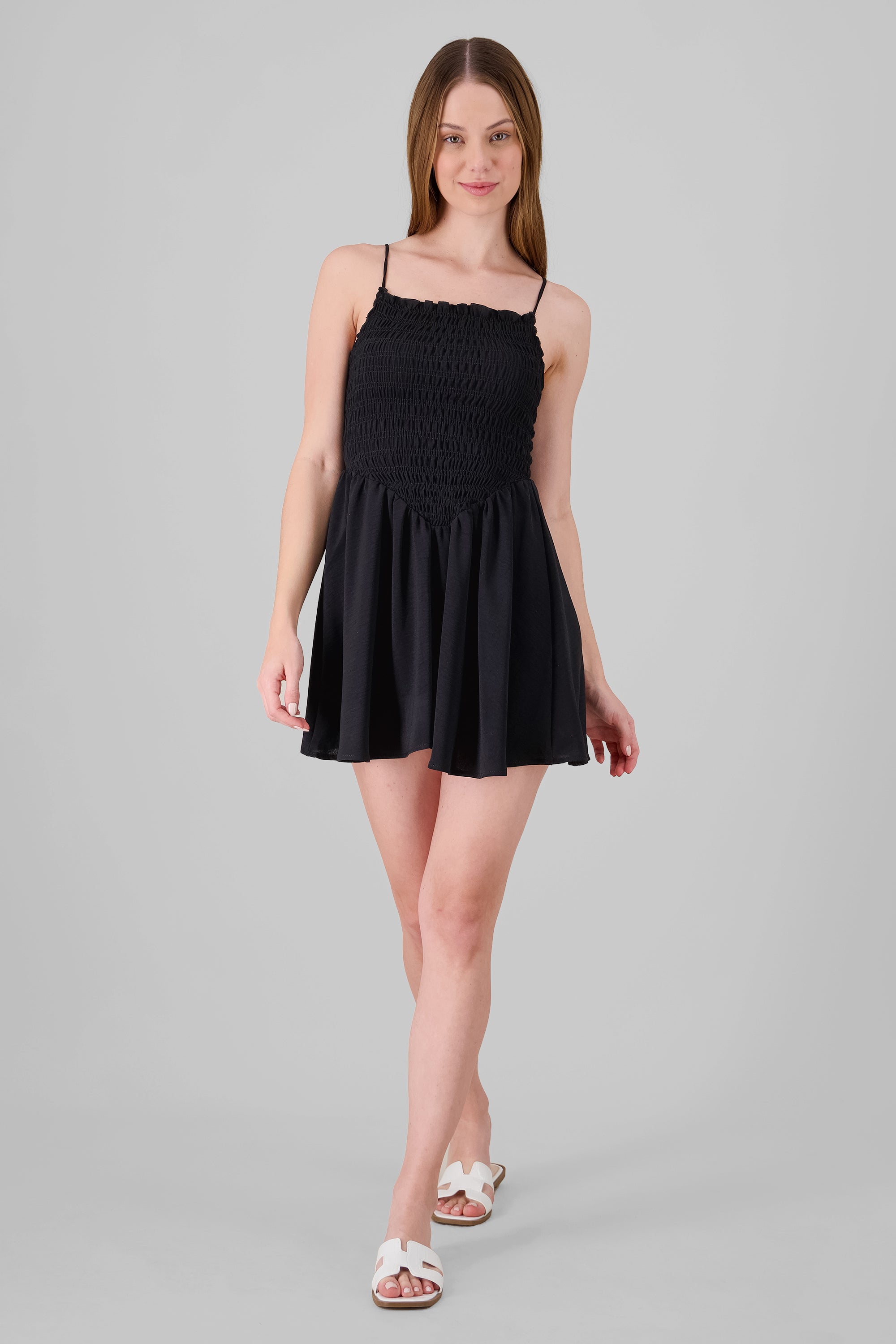 Smocking Detail Mini Dress BLACK