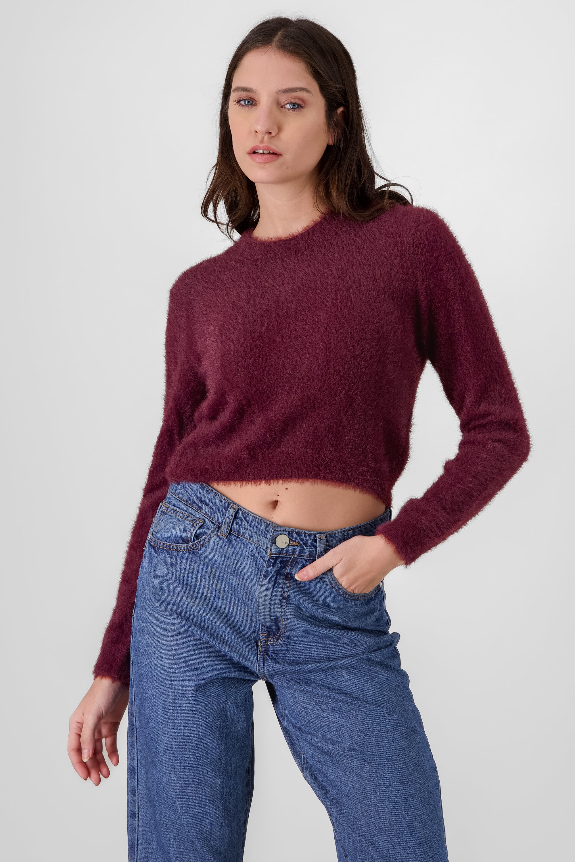 Round Neck Faux Fur Sweater BURGUNDY