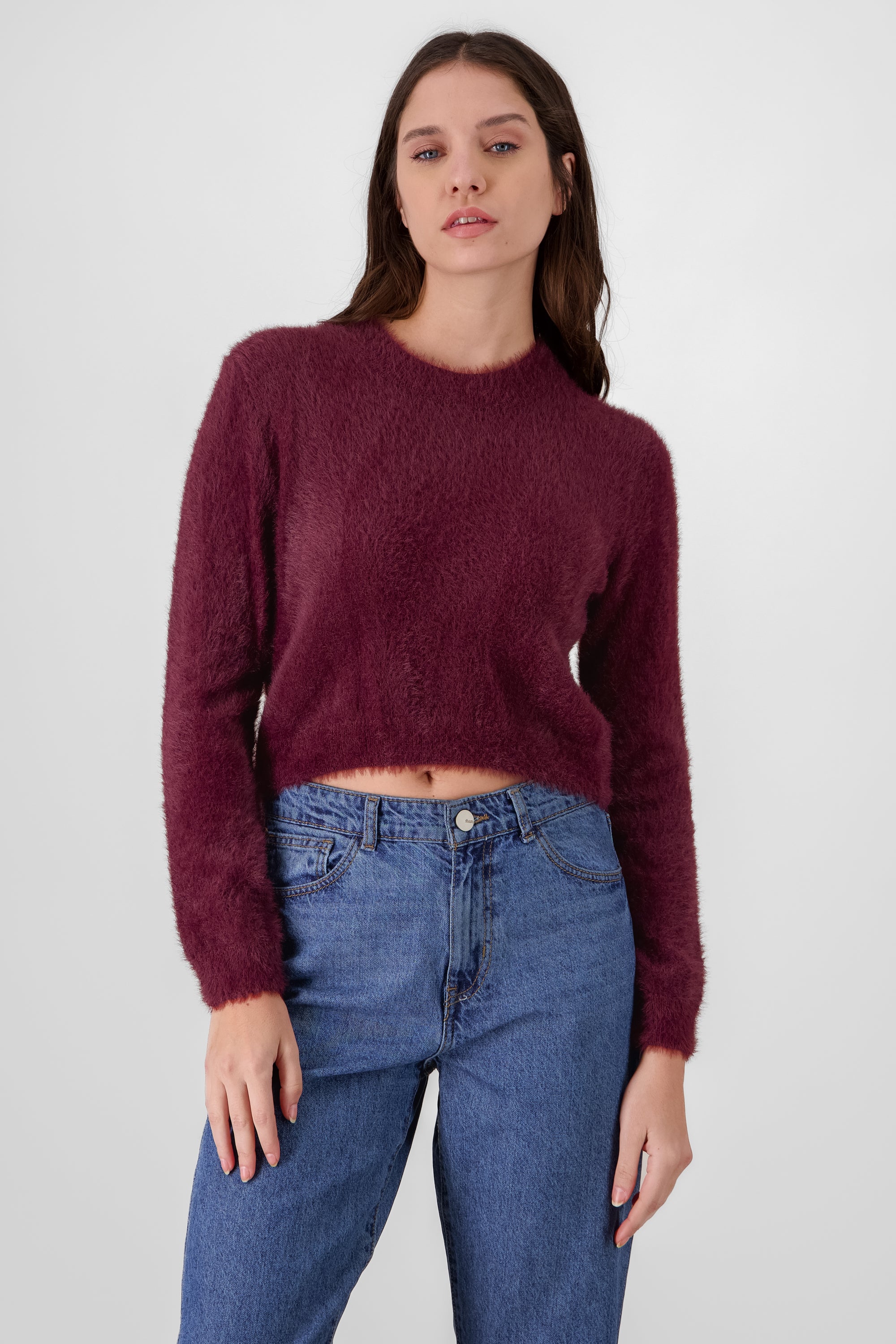 Round Neck Faux Fur Sweater BURGUNDY