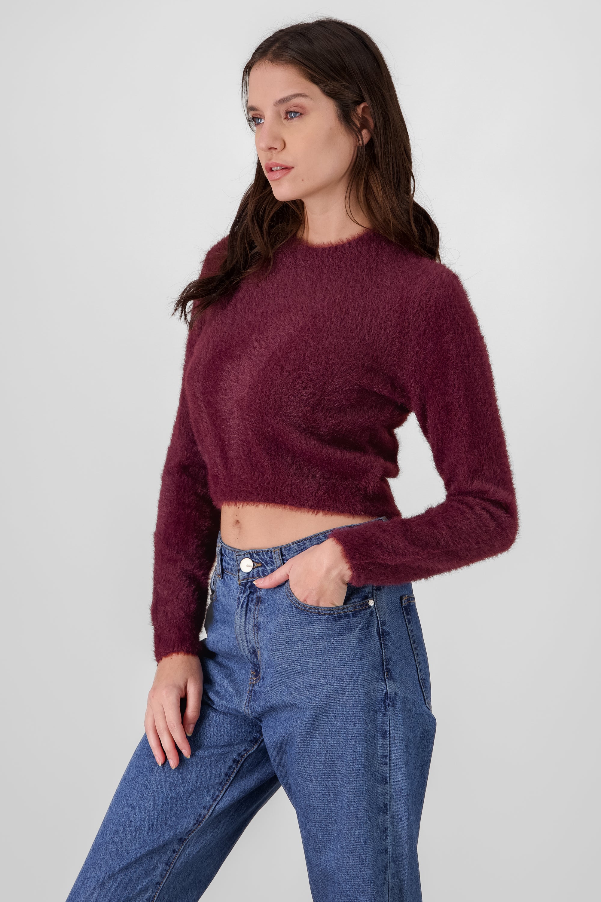 Round Neck Faux Fur Sweater BURGUNDY