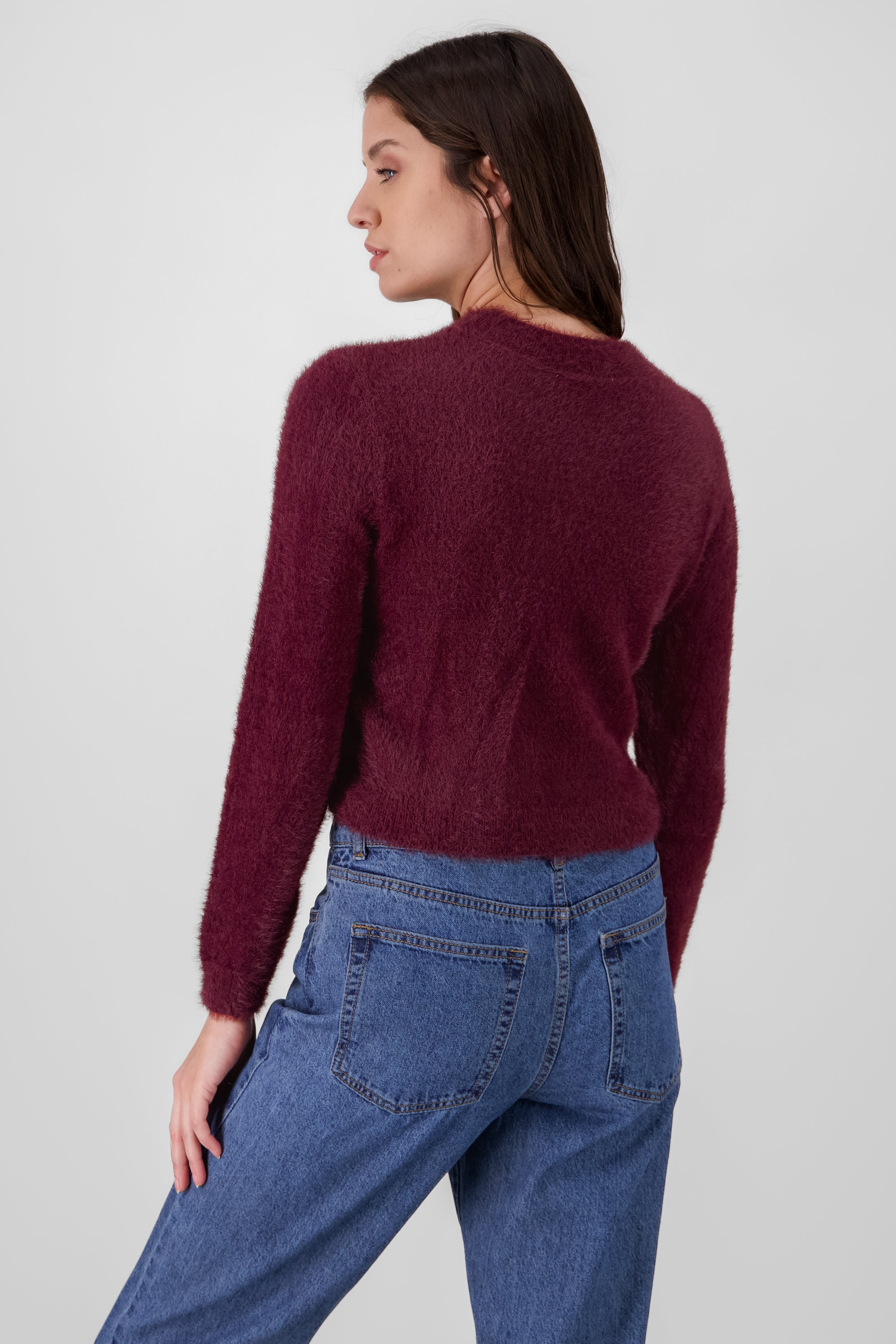 Round Neck Faux Fur Sweater BURGUNDY