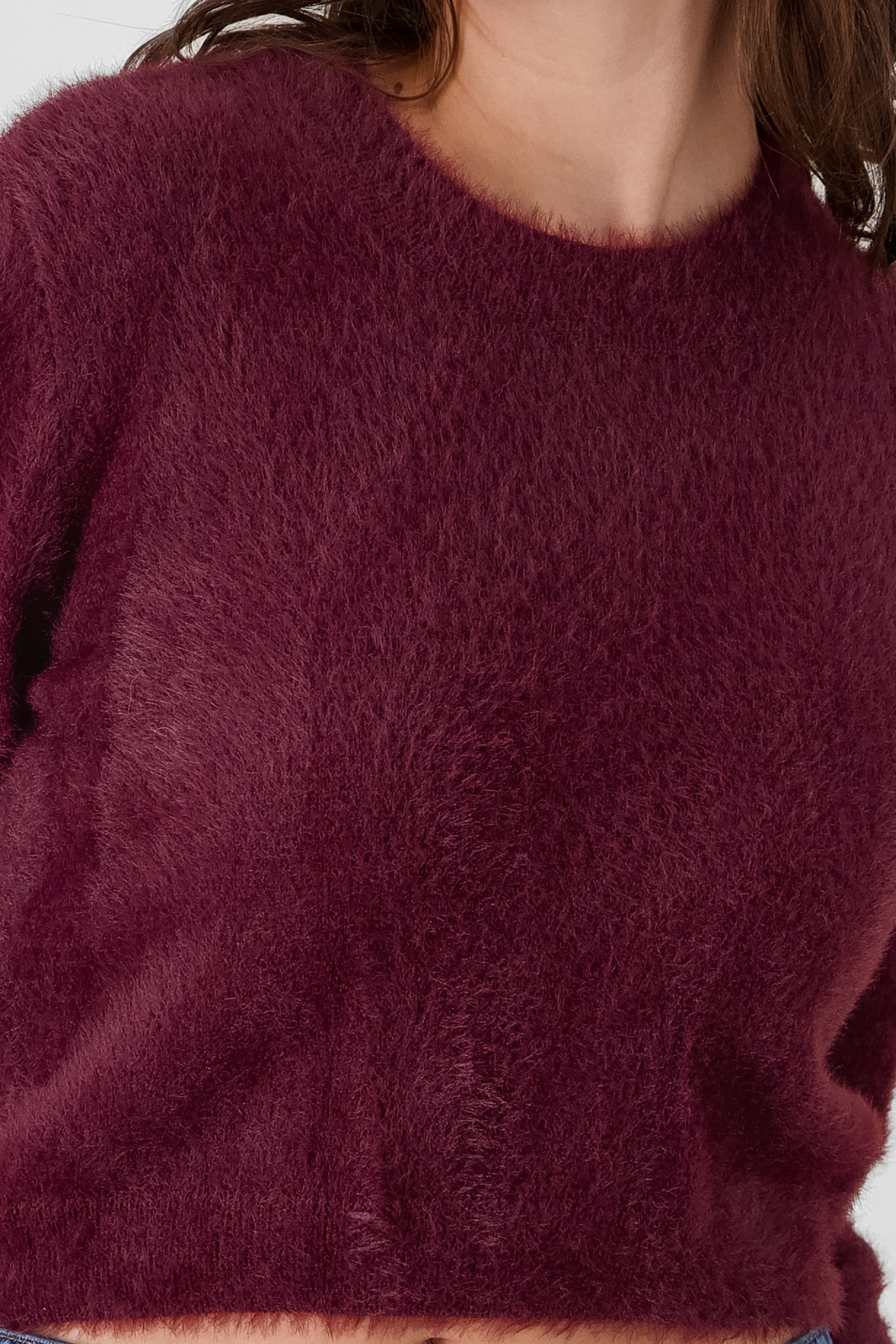 Round Neck Faux Fur Sweater BURGUNDY