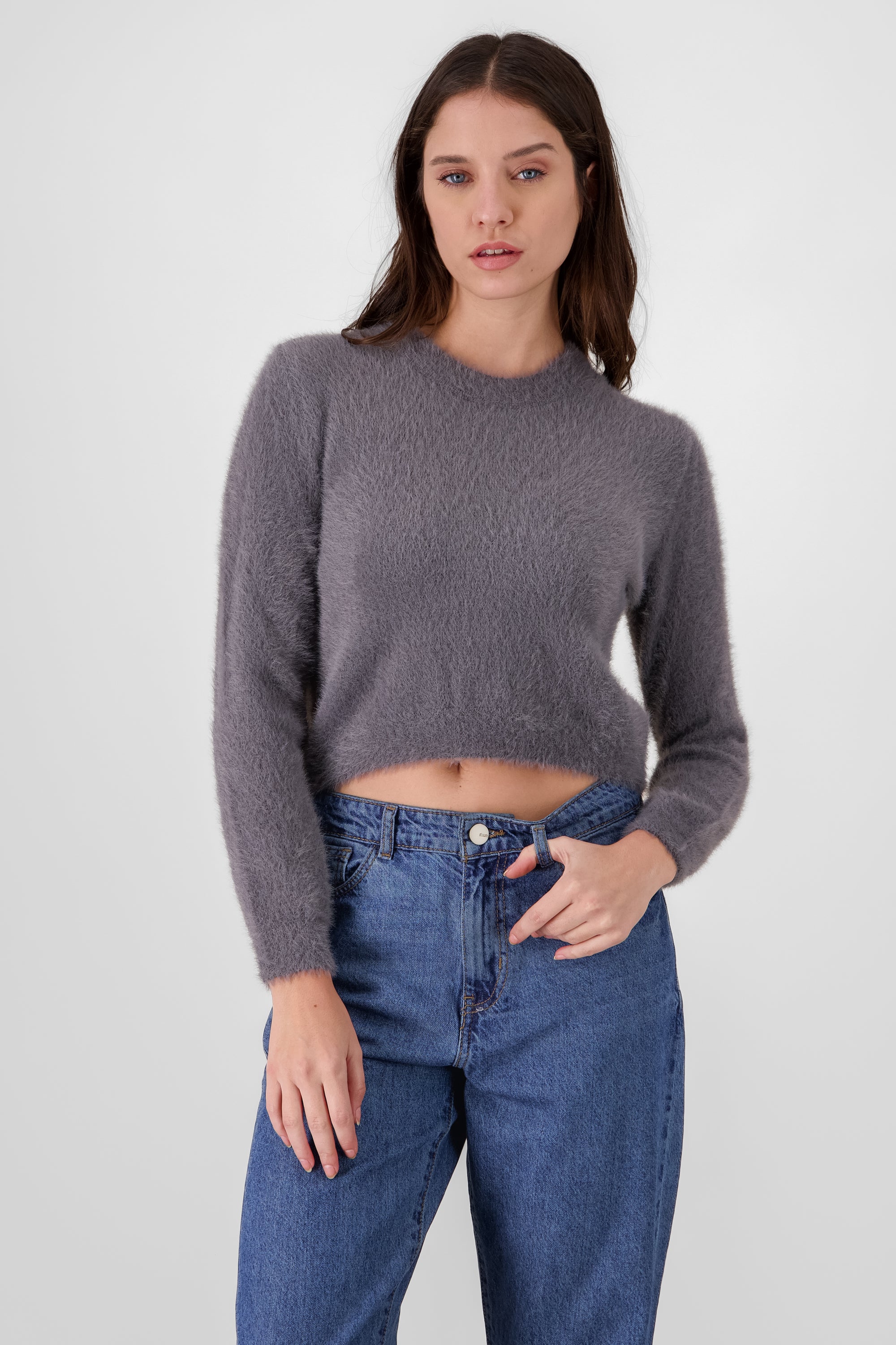 Round Neck Faux Fur Sweater DARK GRAY