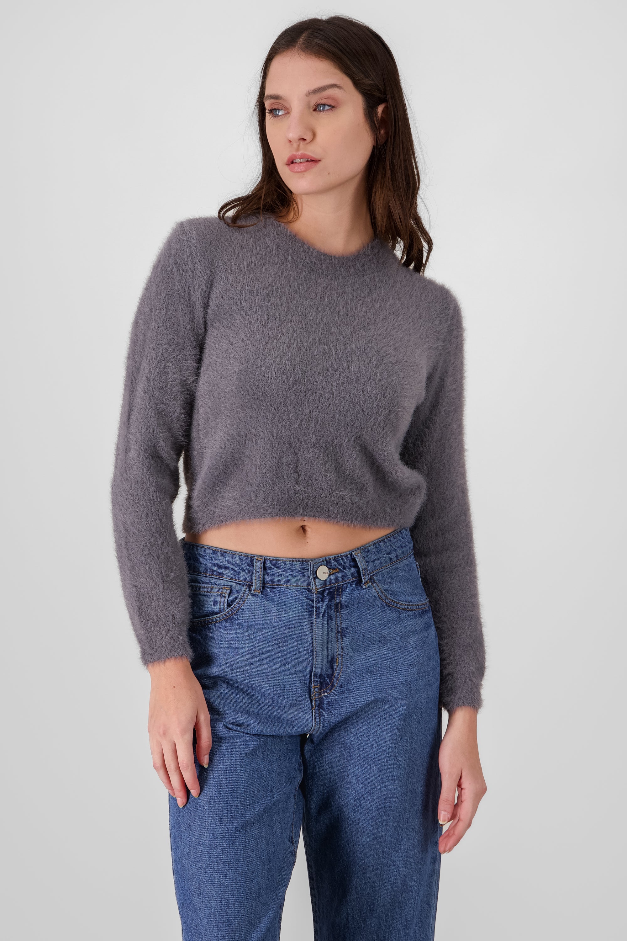 Round Neck Faux Fur Sweater DARK GRAY