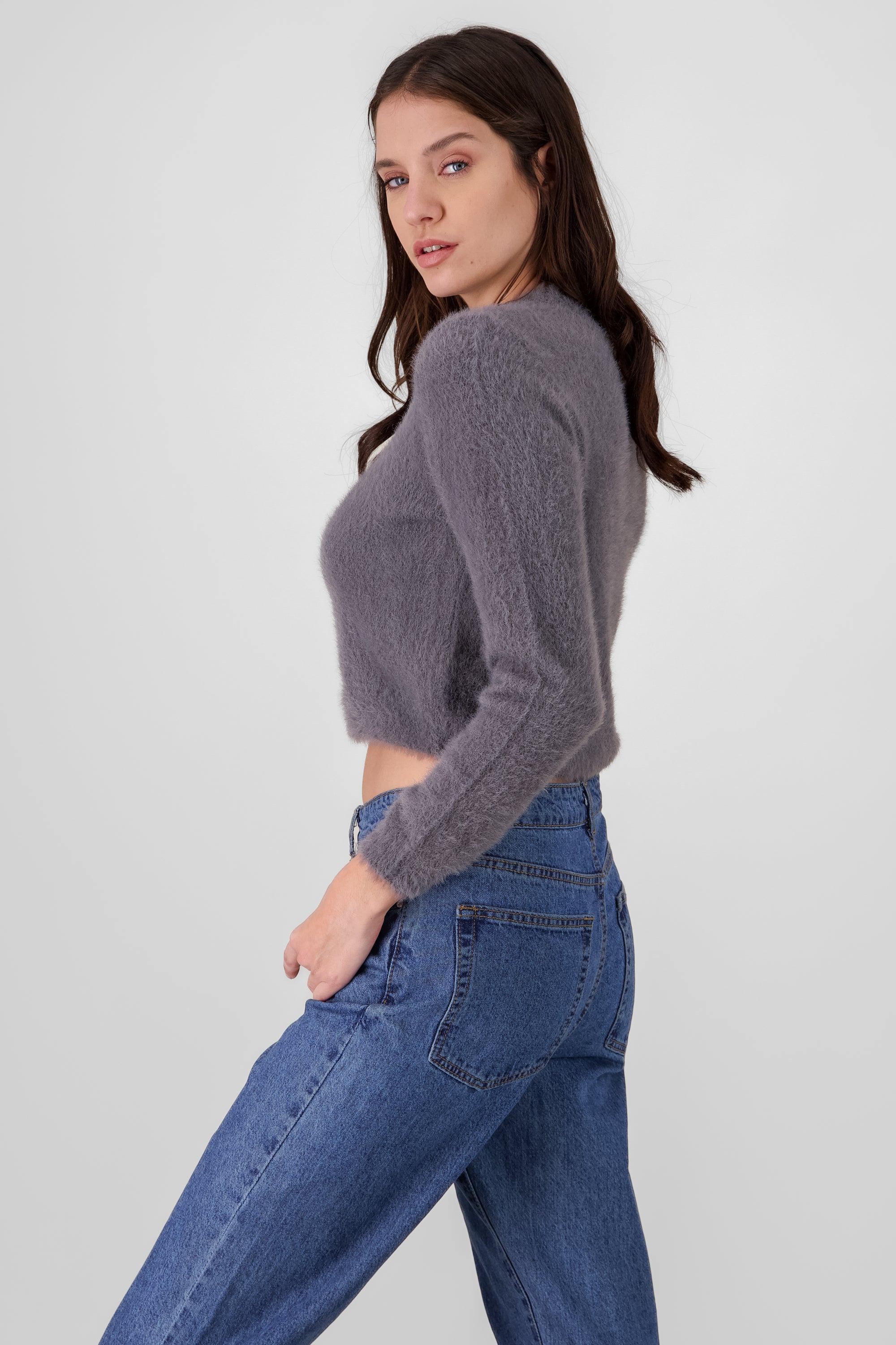 Round Neck Faux Fur Sweater DARK GRAY