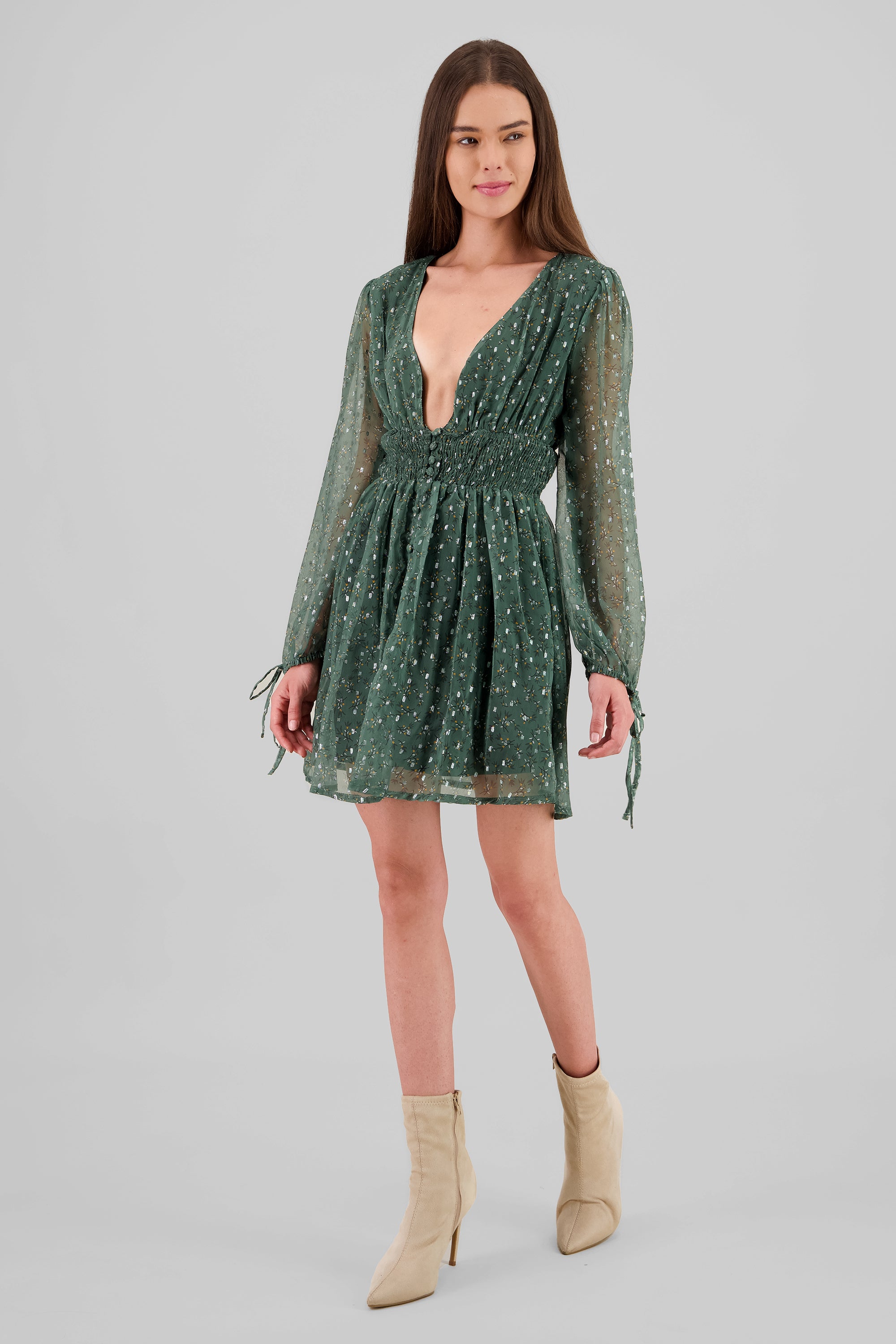 Long Sleeve Floral Smock Dress GREEN COMBO