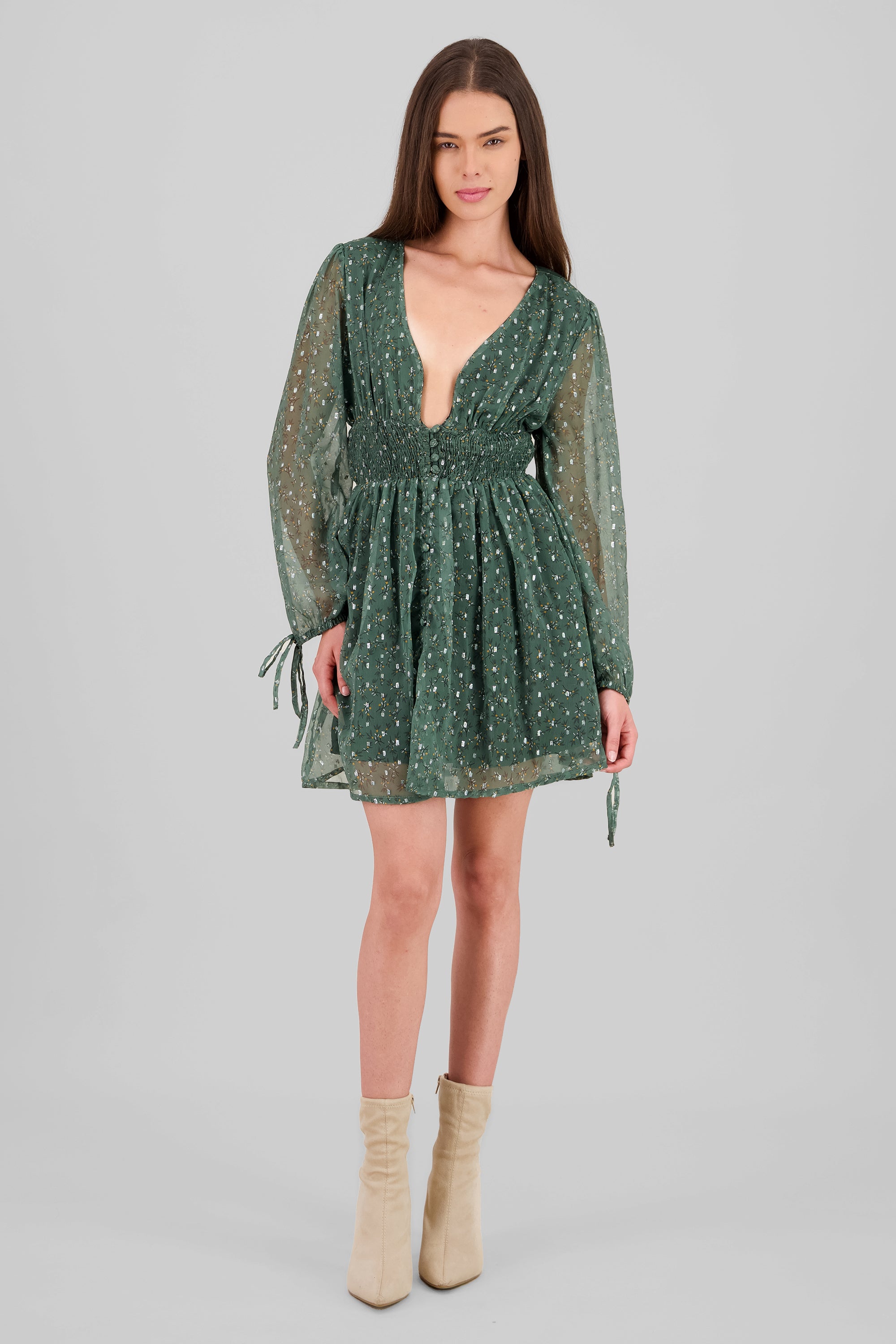 Long Sleeve Floral Smock Dress GREEN COMBO