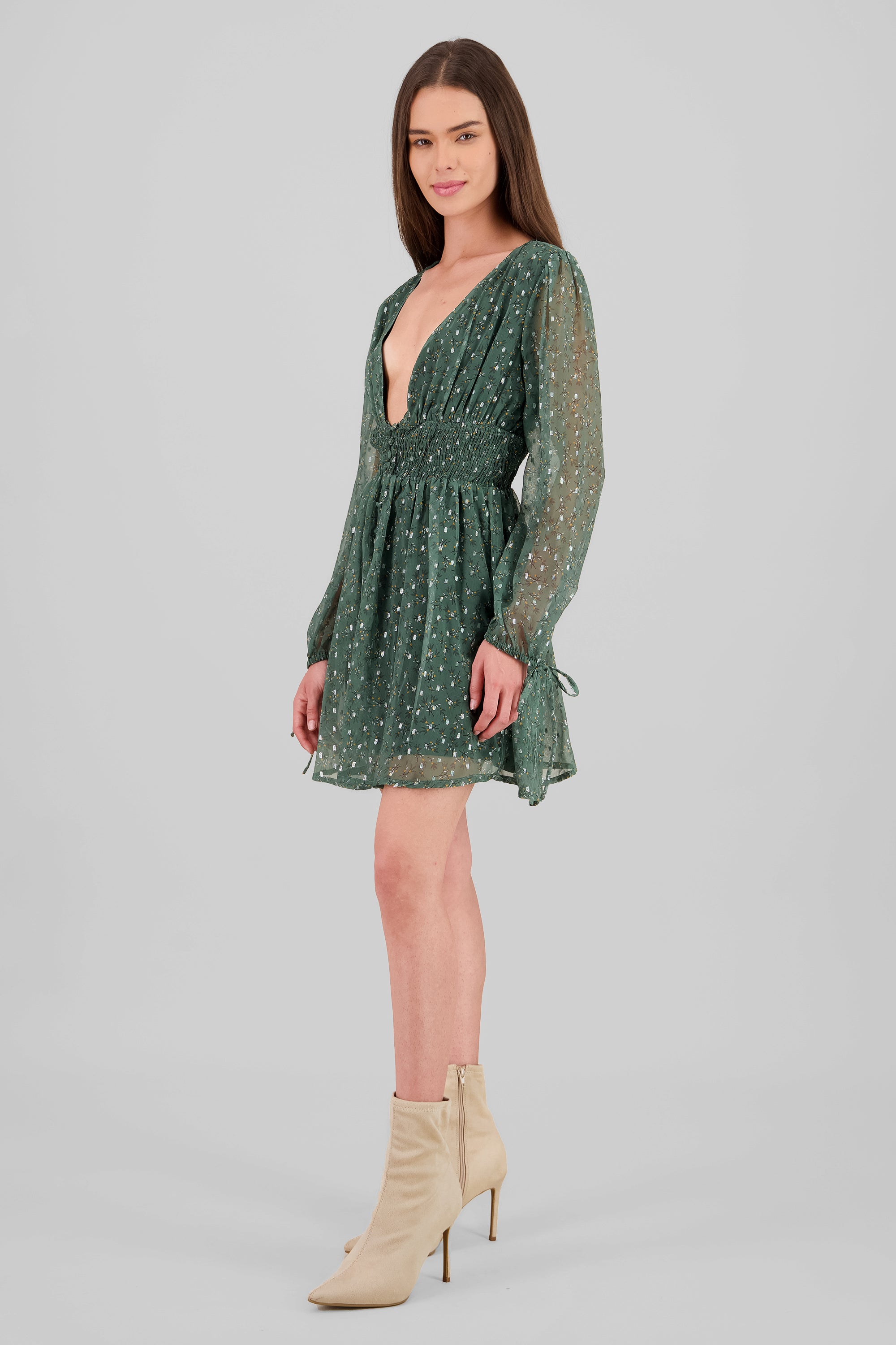 Long Sleeve Floral Smock Dress GREEN COMBO