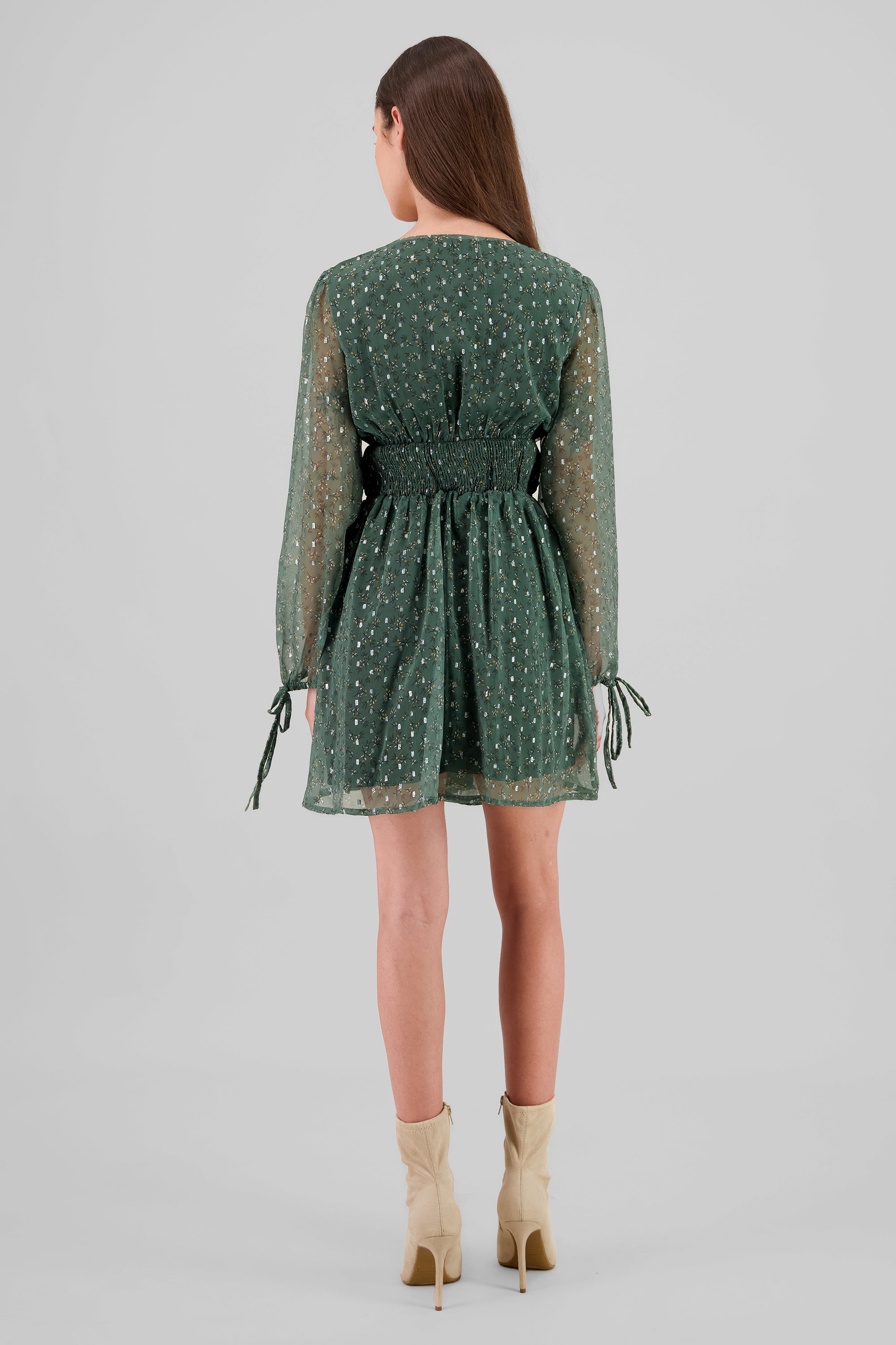 Long Sleeve Floral Smock Dress GREEN COMBO