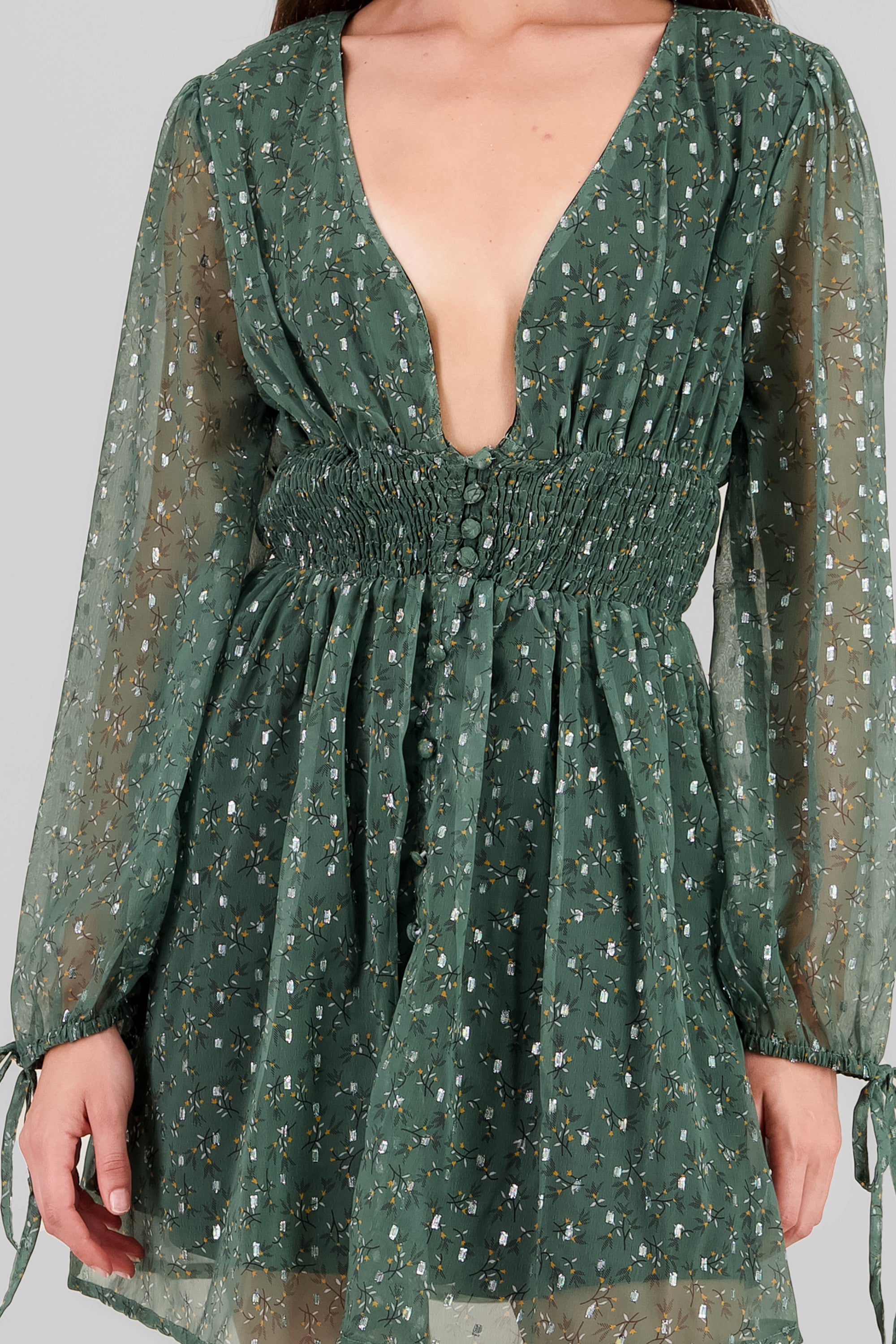 Long Sleeve Floral Smock Dress GREEN COMBO