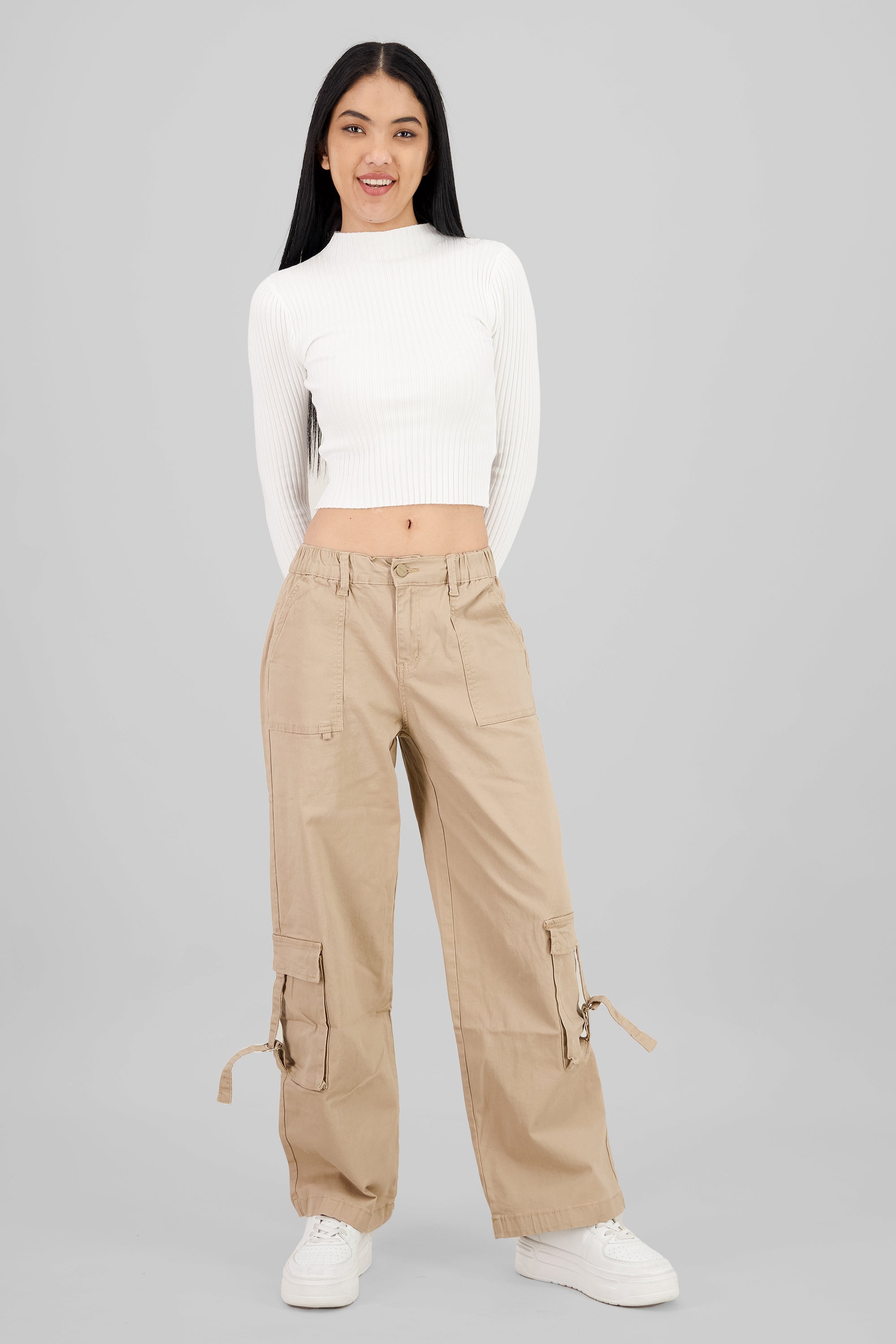 Elastic Waistband Cargo Pants KHAKI