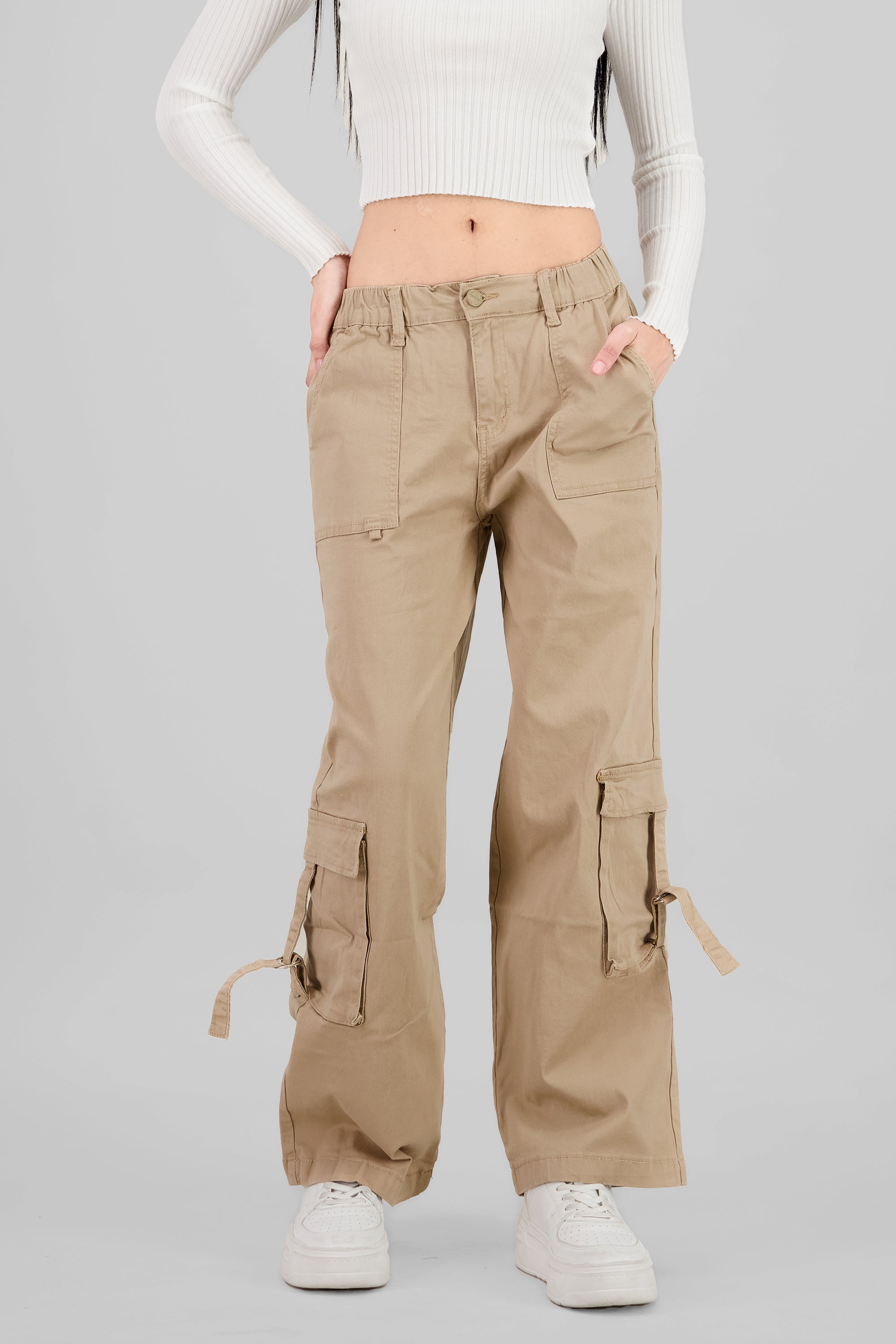 Elastic Waistband Cargo Pants KHAKI